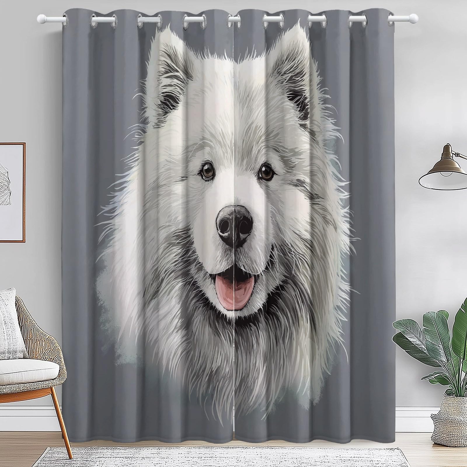 Tier Blickdichter Vorhang mit Ösen, Porträt Hund Gardinen Kälteschutz Verdunklungsvorhänge, Blickdichte Gardine für Wohnzimmer, 2er Set (Grau, H175 x B140 cm)