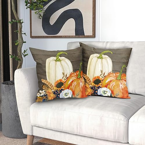 Miniatura 5 de Kawani Juego de 2 fundas de almohada decorativas de otoño con diseño de calabaza blanca y naranja de 18 x 18 pulgadas, diseño de hojas de girasol,