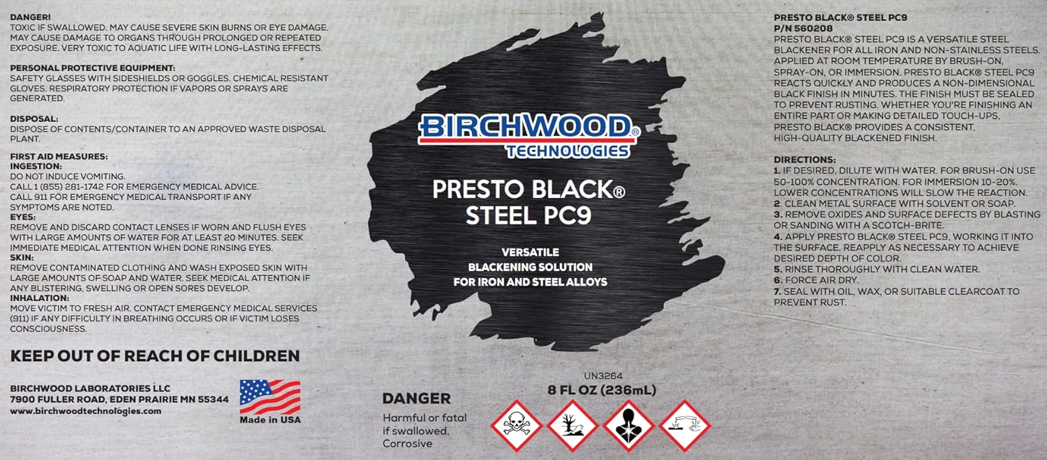 Birchwood Technologies Presto Black STEEL PC9 - versatile blackening solution for iron and steel alloys traditional patina blue and black oxide touch-up (8 oz)