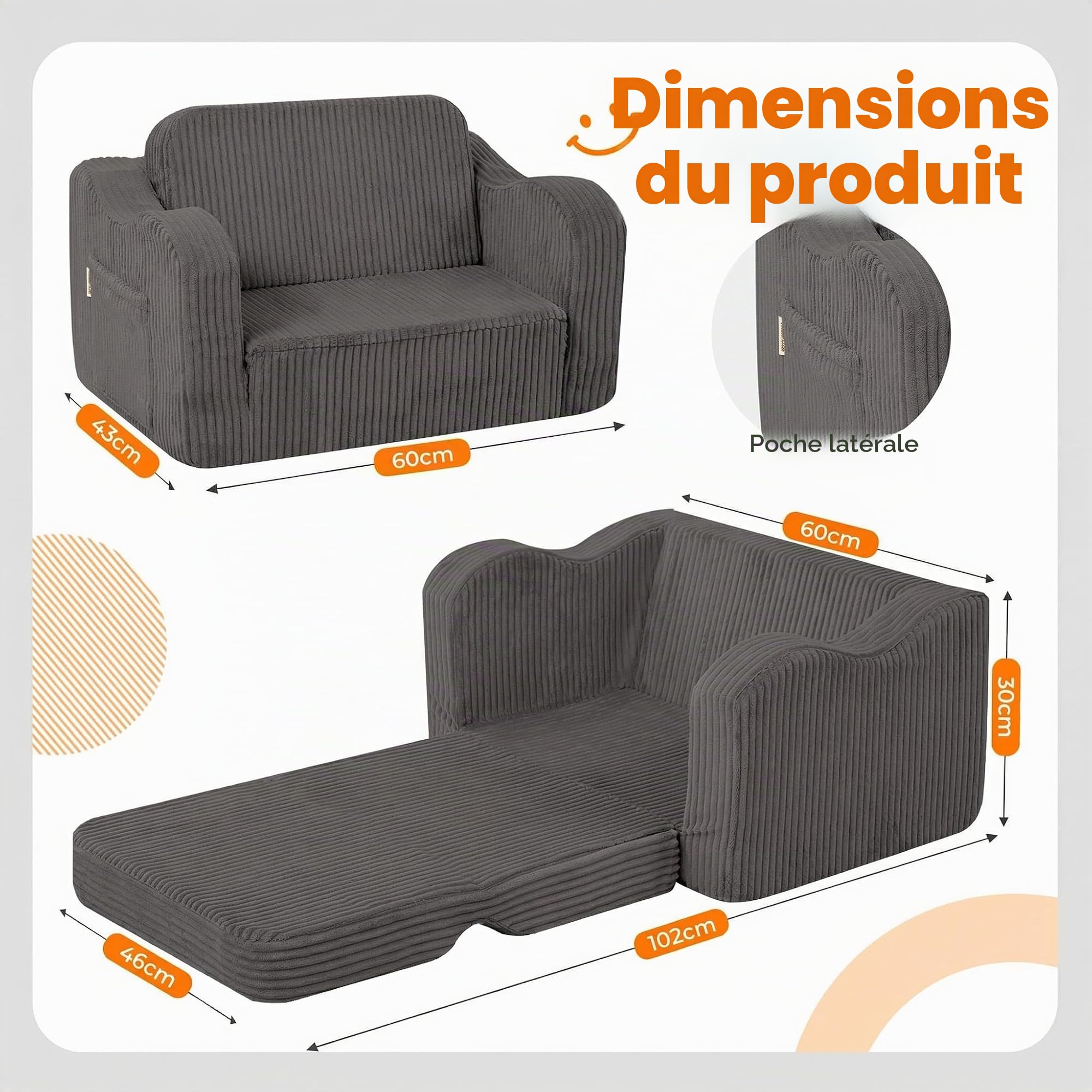 MeMoreCool Cord Canapé pour enfants, fauteuil de relaxation pour enfants, canapé lounge pour bébé, mini canapé pour coin câlin chambre d'enfant, canapé dépliable pour garçons et filles âgés de 1 à 3