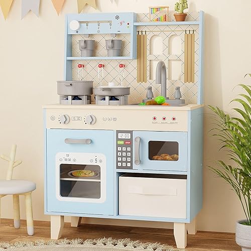 BIERUM Juego de cocina con luces y sonidos realistas, juego de cocina de madera para niños pequeños, cocina de juguete con 26 accesorios de comida y