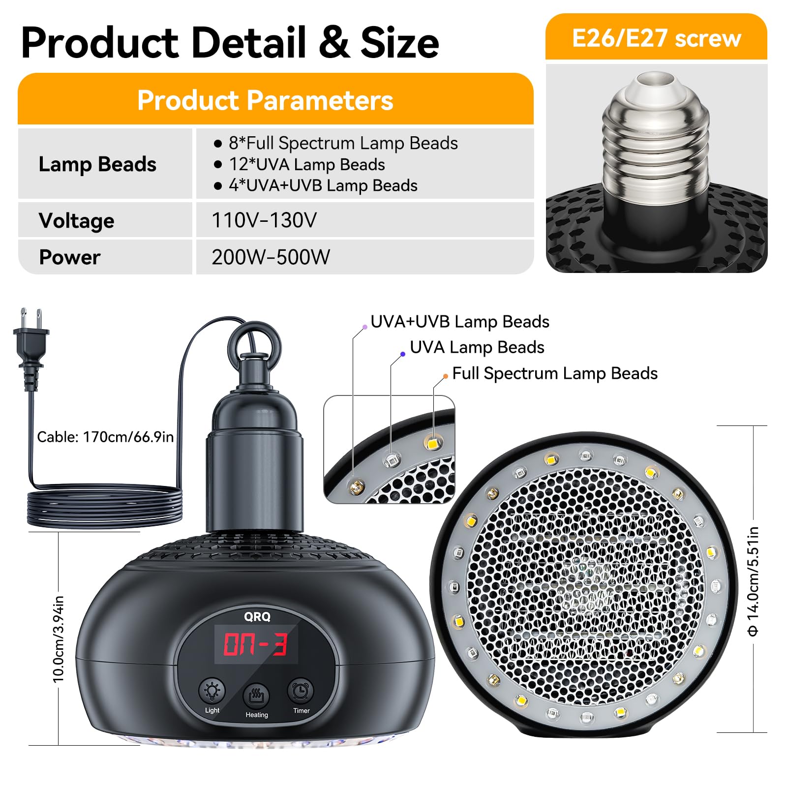 QRQ Chicken Coop Heater, 200W-350W-500W Reptile Heat Lamp with UVA UVB Dimmable Light 3-6-9-12H Timer, Chicken House Dog House Greenhouse Heater Outdoor,for Dog Cats Reptile Bird,Christmas Gifts — view 6
