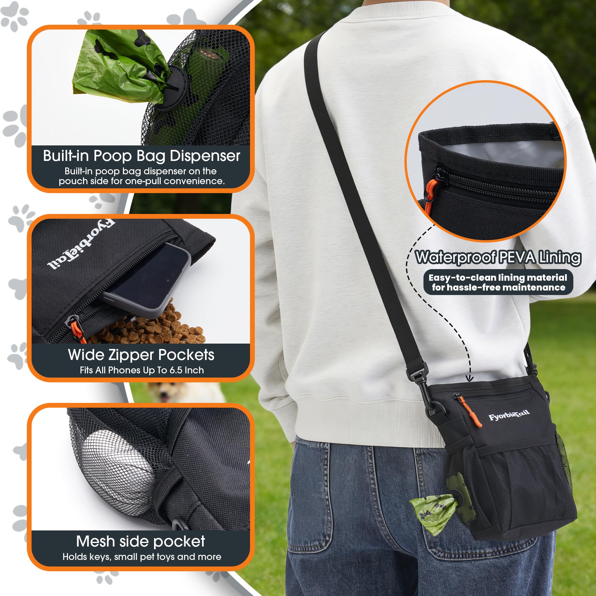 Dog Treat Pouch, 4 Cup Waterproof Dog Training Bag, Hands-Free 3 Ways to Wear, Magnetic Closure, Multi-Pocket, with 2 Rolls Poop Bags (Black) - image 6