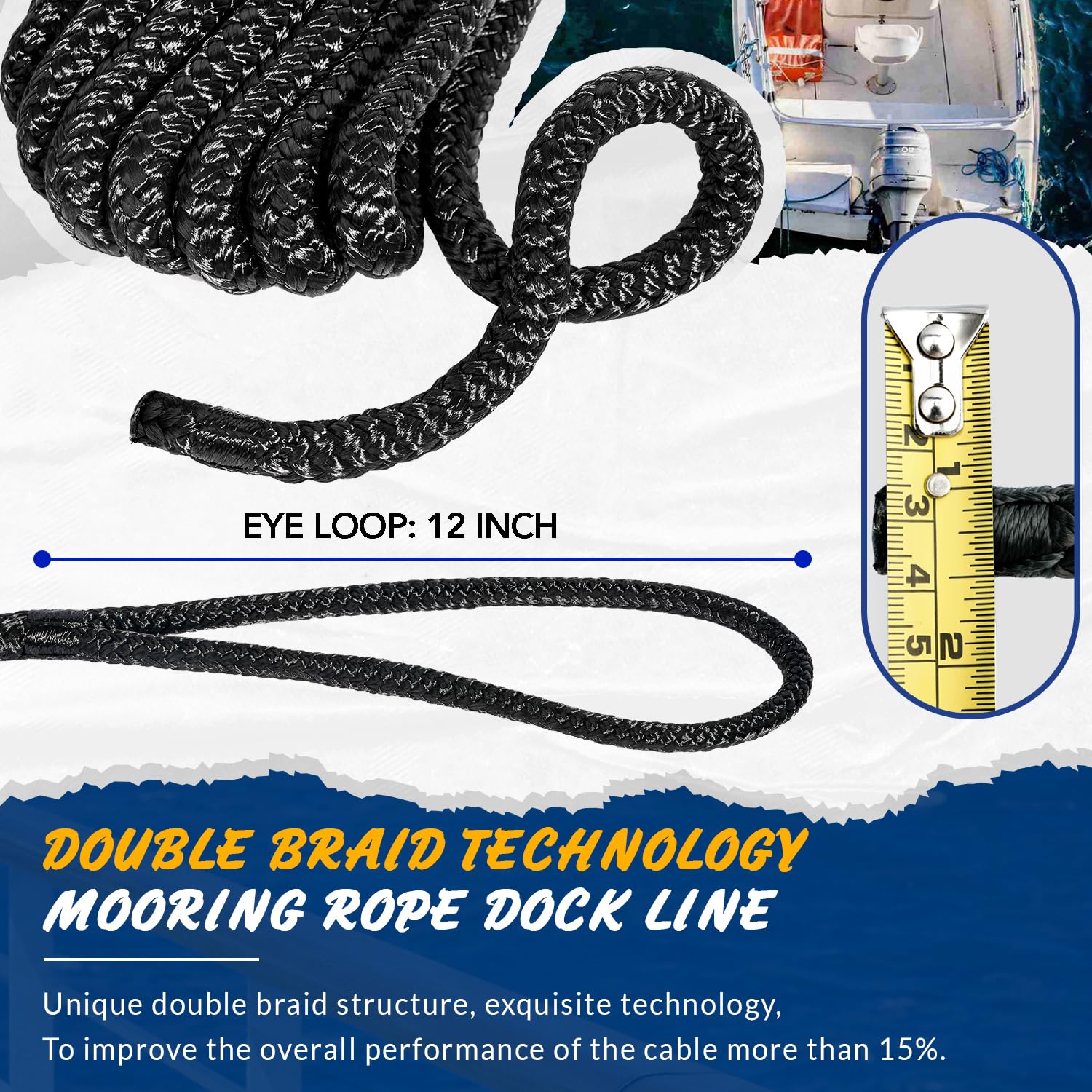 Shoreline Marine Double Braided Nylon Dock Line, Single, 3/8" X 15', Blue : Dock Lines And Rope