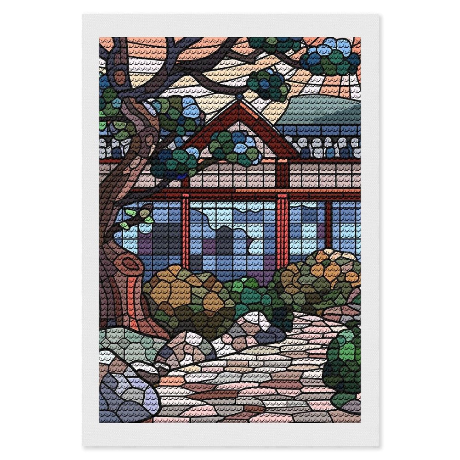 Junmoney Stained Glass Japanese Garden Scene Diamond Painting Kit 8"x12", Thoughtful Handmade Gift, for Creative Relaxation, Printed Canvas, Cosy Home Accent