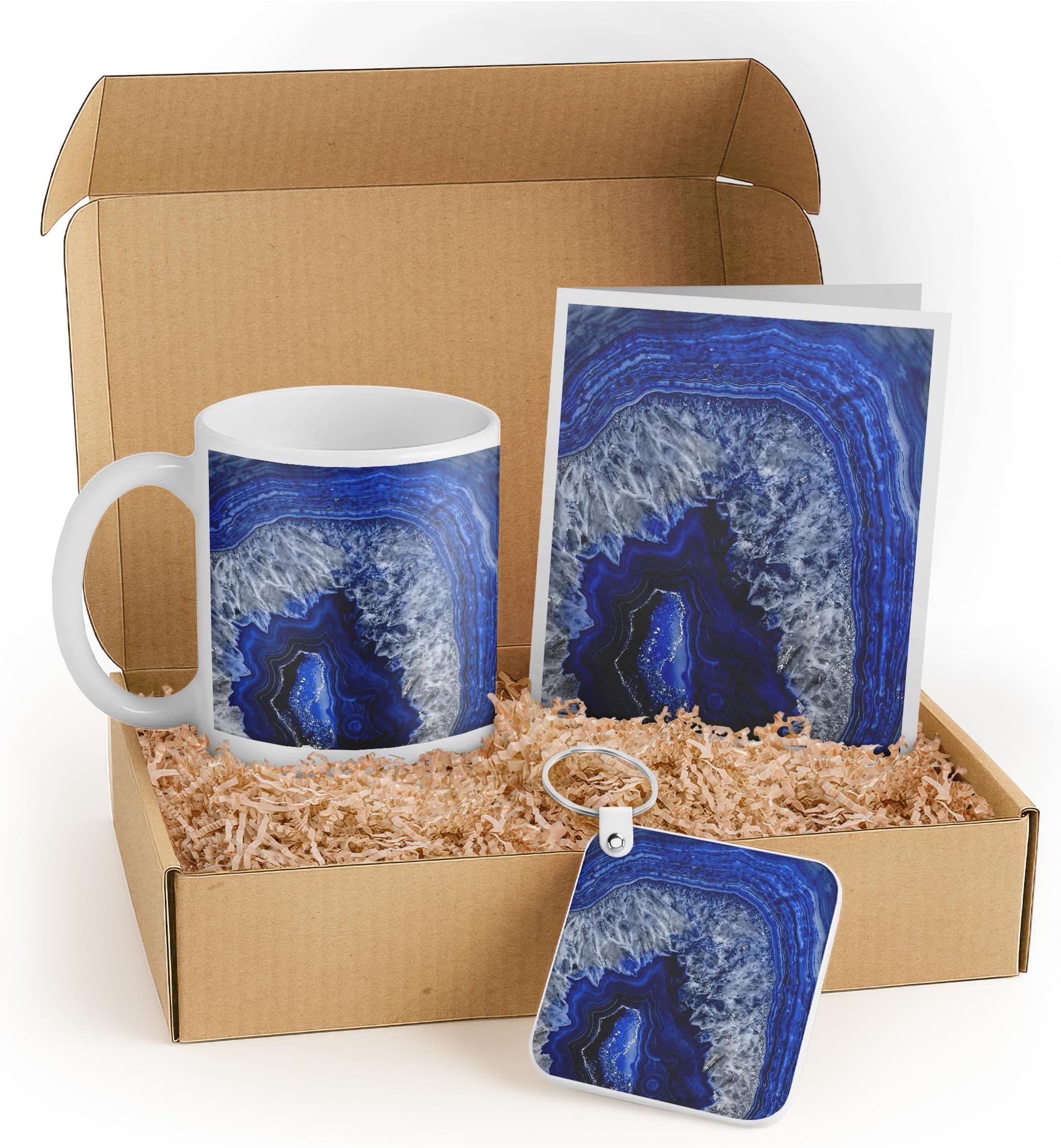 3dRose Luxury Blue Marble Agate Gift Set with Mug, Note Cards, and Keychain – Perfect Birthday or Housewarming Gift for Her