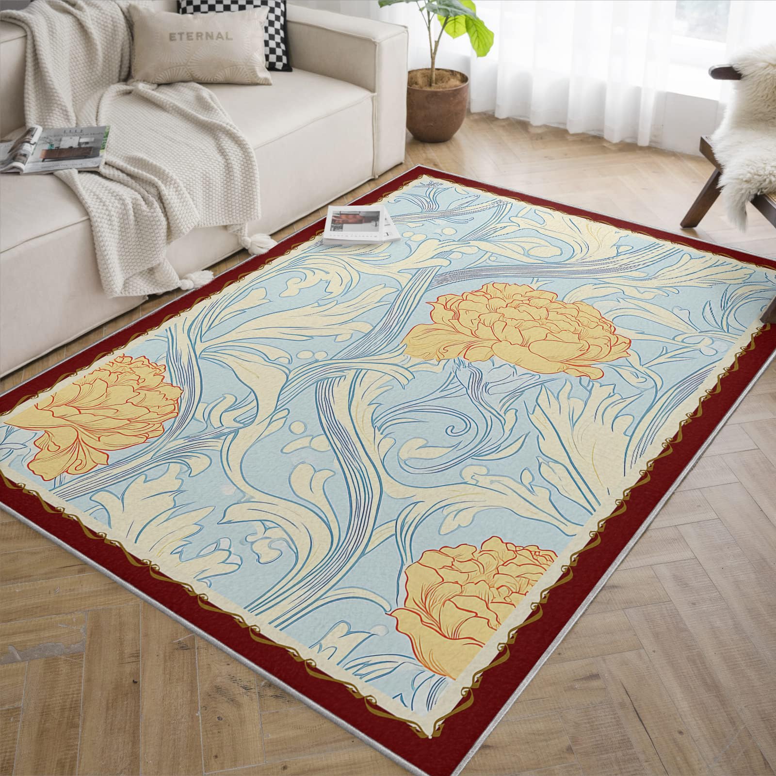 Grand tapis floral 180x270cm pastel bleu clair feuillage motif tapis d’intérieur