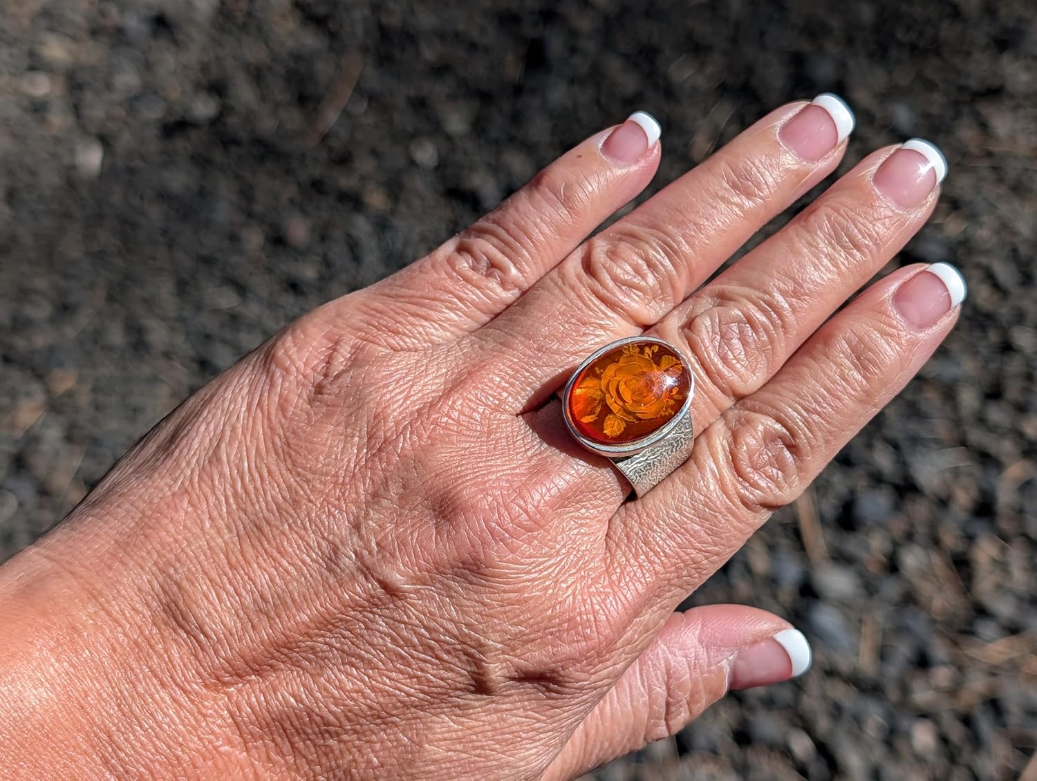 Handmade Cherry Amber Ring, Large Dome Statement Ring, Genuine Honey Amber Gemstone 925 Sterling Silver, Reverse Carved Intaglio Rose, Unique Artisanal Jewelry, Gift Box Included, Size 10.5