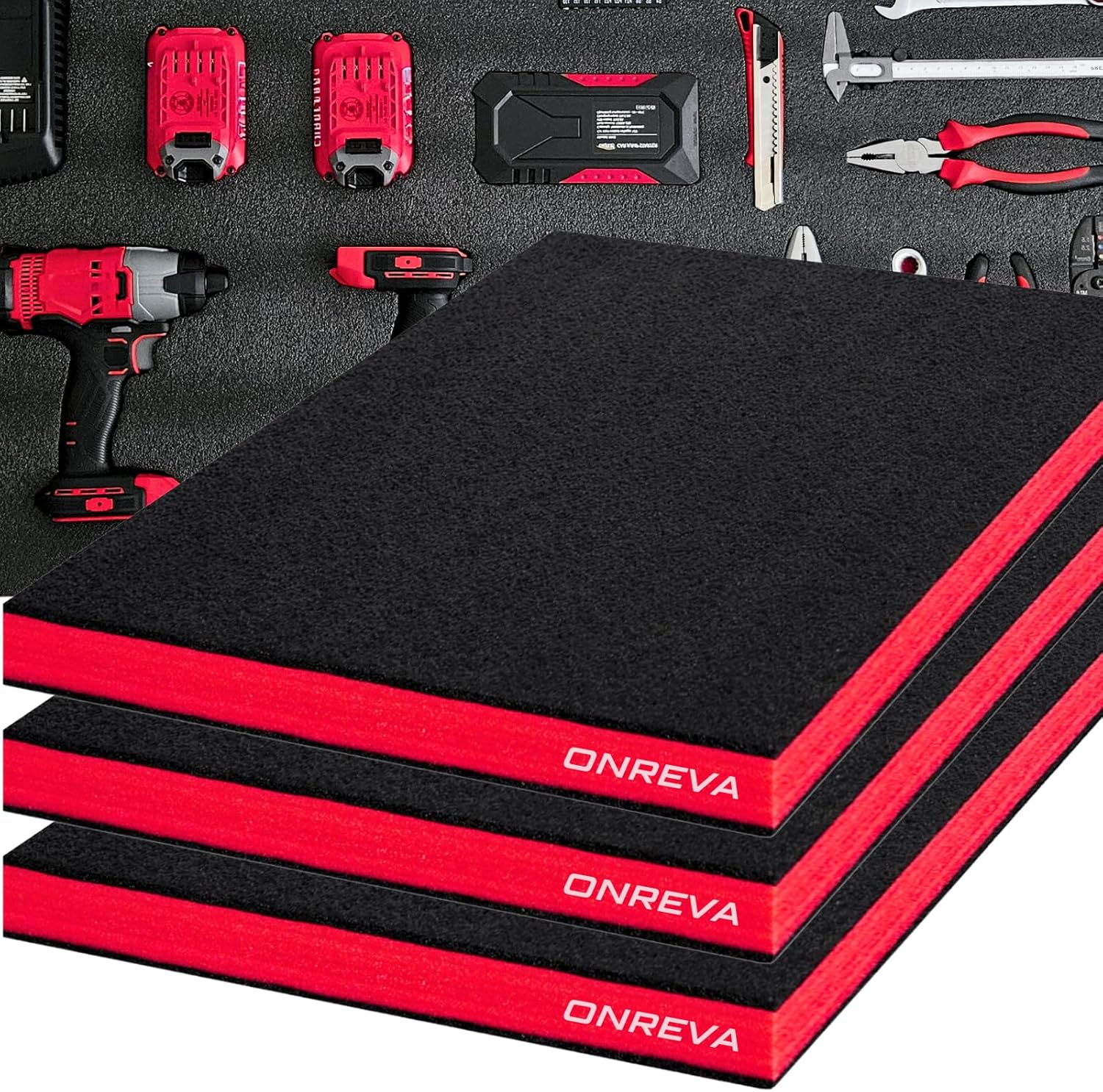 ONREVA Tool Box Foam 16x12x2 inch 3Pack, Foam Inserts for Cases, Polyethylene Storage Sheets for Toolbox Hard Case, Tool Shadow Insert, Kaizen Organizer Sheet, Black with Red