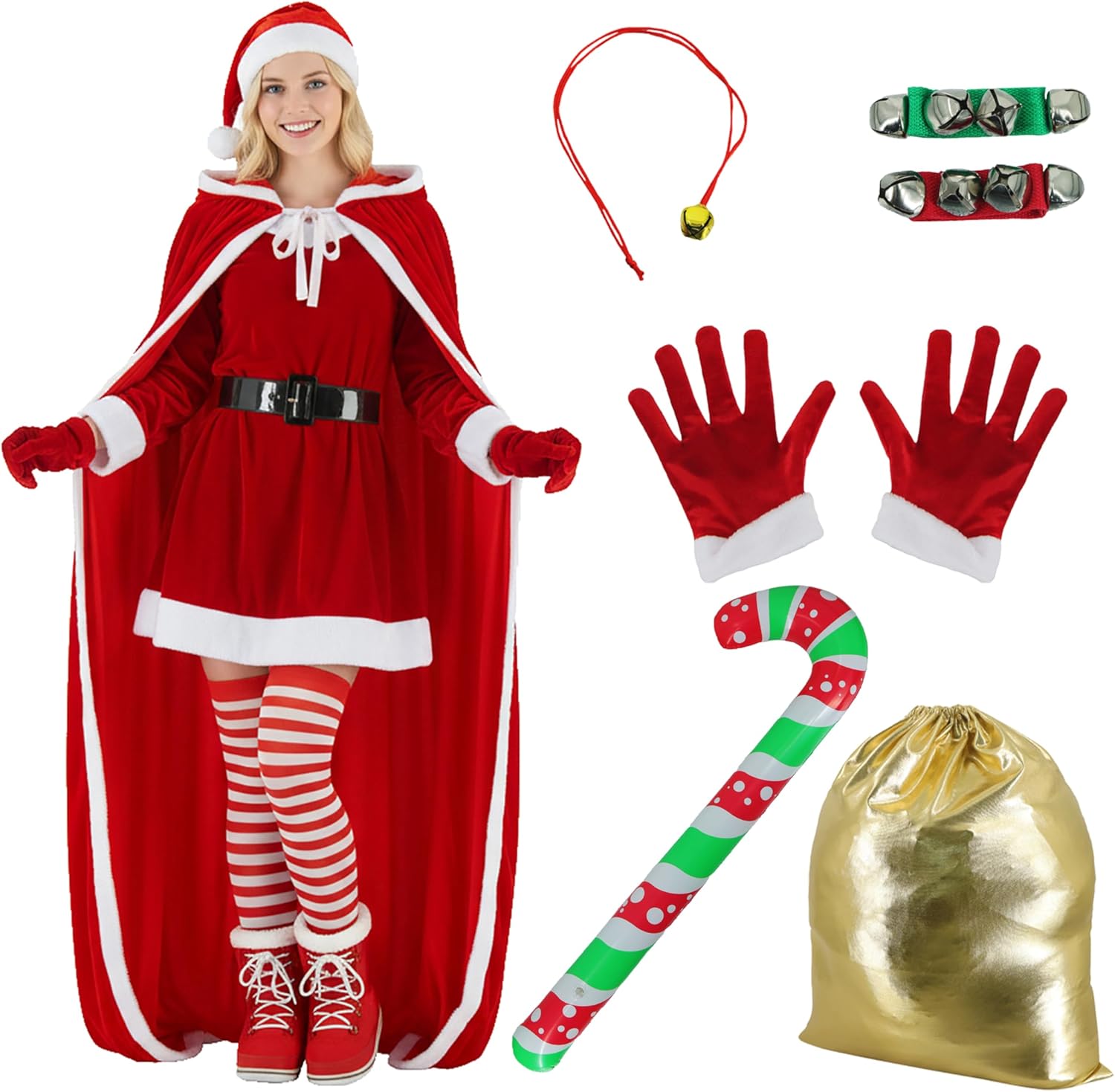 6 Pcs Mrs Claus Costume Cape Velvet Hooded Cloak Shawl Gloves Santa Sack Inflatable Cane Christmas Cindy Outfit