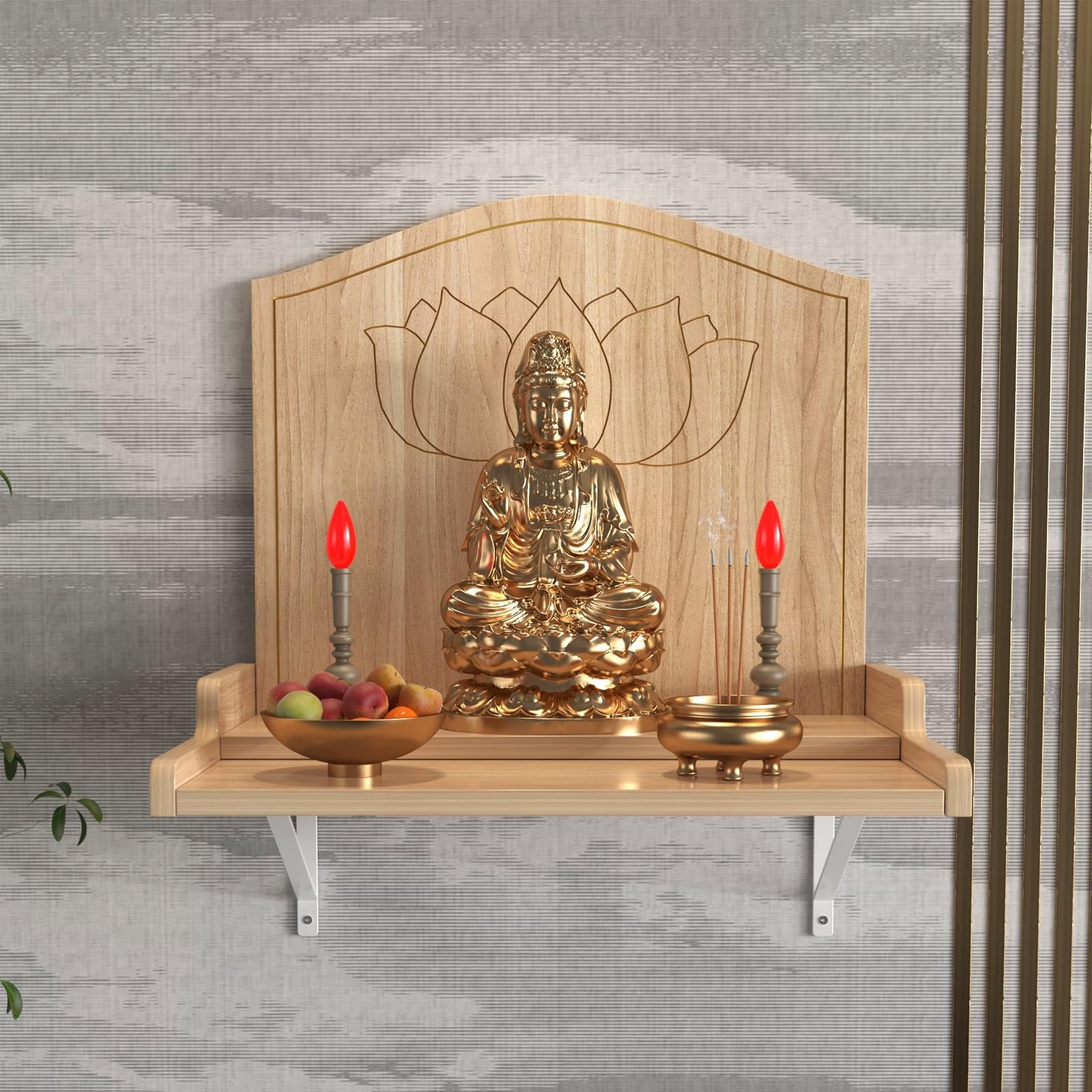 Sculpture de lotus sur étagère murale en bois massif pour fixer votre autel en hauteur