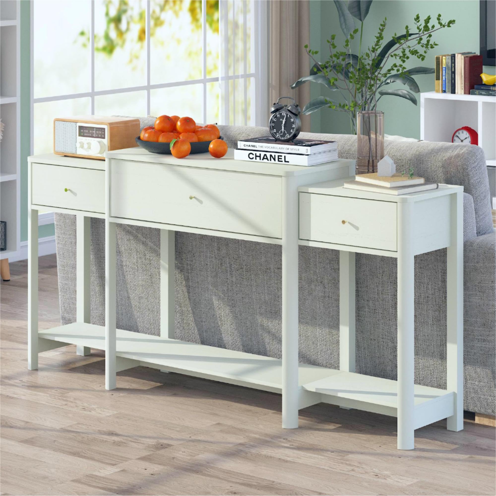 Tavolo d'ingresso con 3 cassetti in legno – moderno tavolino consolle per l'ingresso, organizer di archiviazione per il corridoio, moderno tavolino con accento con ripiano inferiore (Bianco