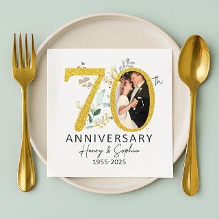 Personalized 70th Platinum Wedding Anniversary Napkins – Customizable Photo Keepsake Napkins for Marriage Milestone Party Décor