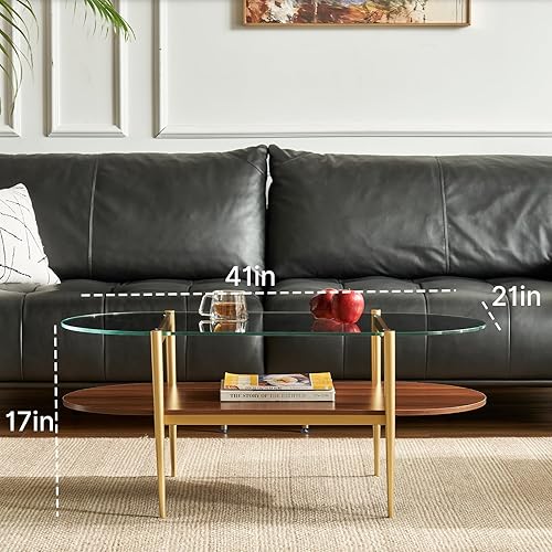 Miniatura 26 de Saint Mossi Tadio - Mesa de centro de vidrio de doble capa para sala de estar, estante inferior de MDF marrón y café Vidrio marrón y marrón