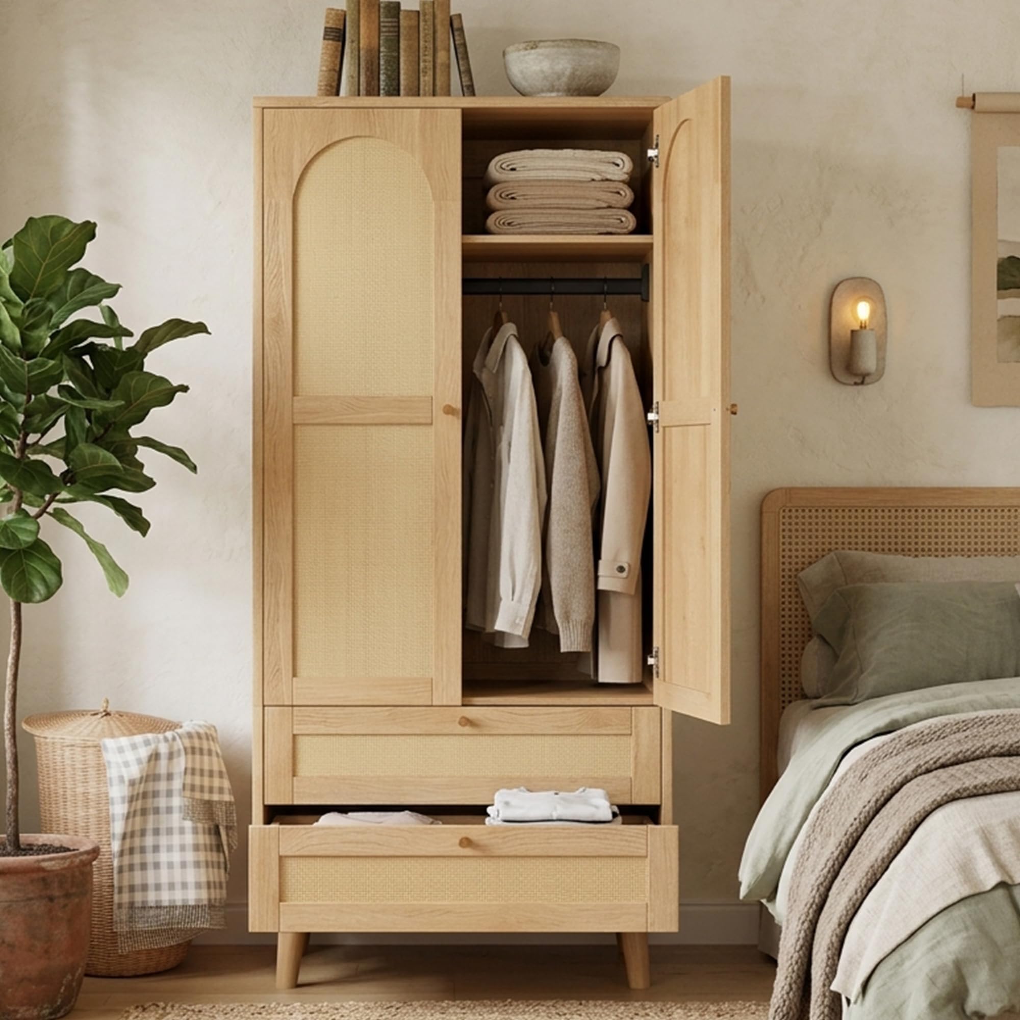 Armadio in legno naturale, armadio multiuso con design in rattan, asta appendiabiti, scaffali, armadio moderno per camera da letto, corridoio e spogliatoio, naturale