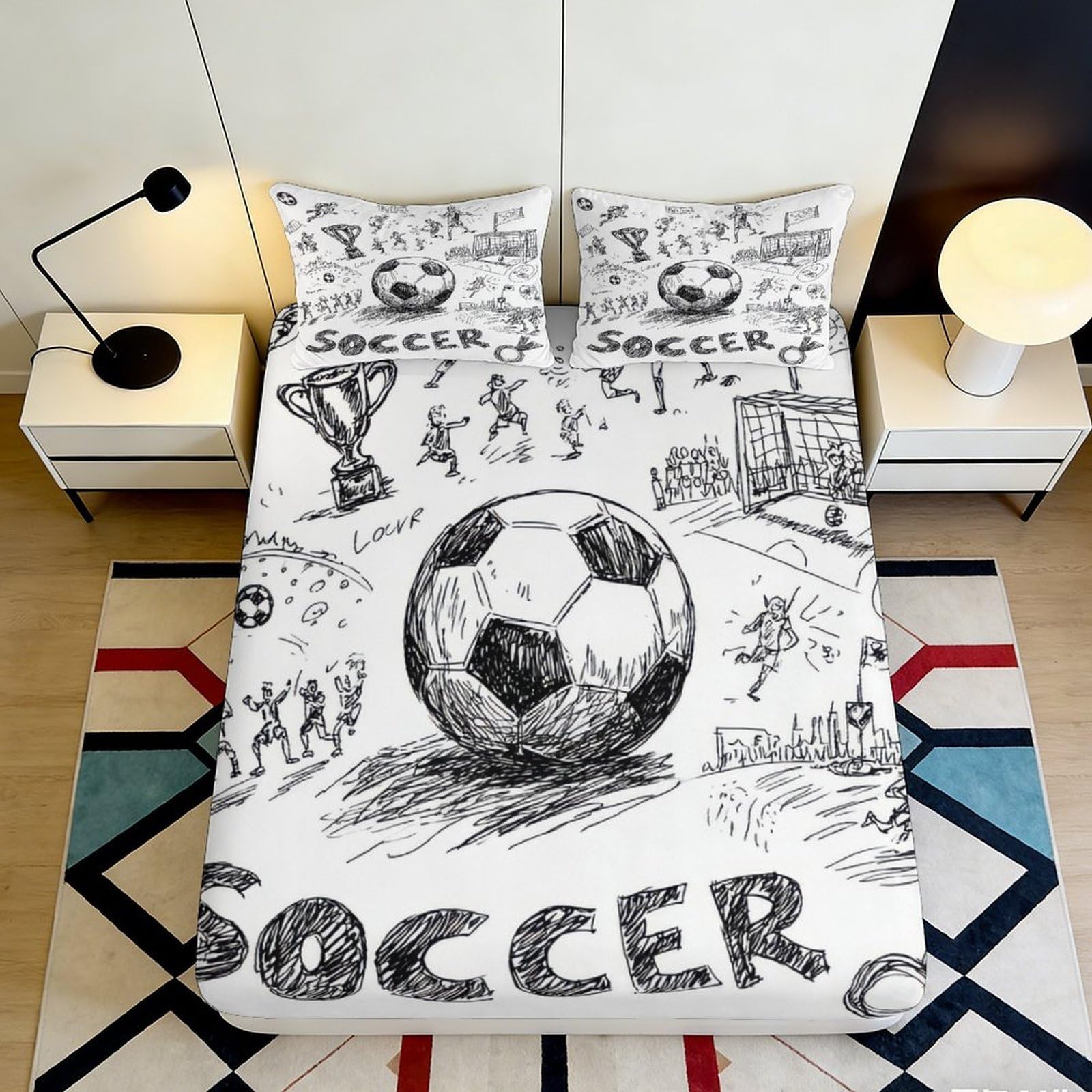 3D Printed Soccer Trophy Fitted Sheet Microfiber Sketch Football Match Bed Cover Anti-Slip Easy Care for Bedroom Guestroom 90x200x25cm