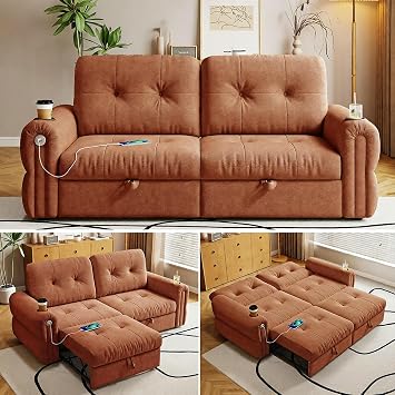 77 Pull Out Couch Full, Chenille Sleeper Sofa with 5-Minute Assembly, Convertible Futon Sofa Bed, Adjustable Backrest, USB, 2 Cup Holders, Loveseat for Living Room, Office, Orange