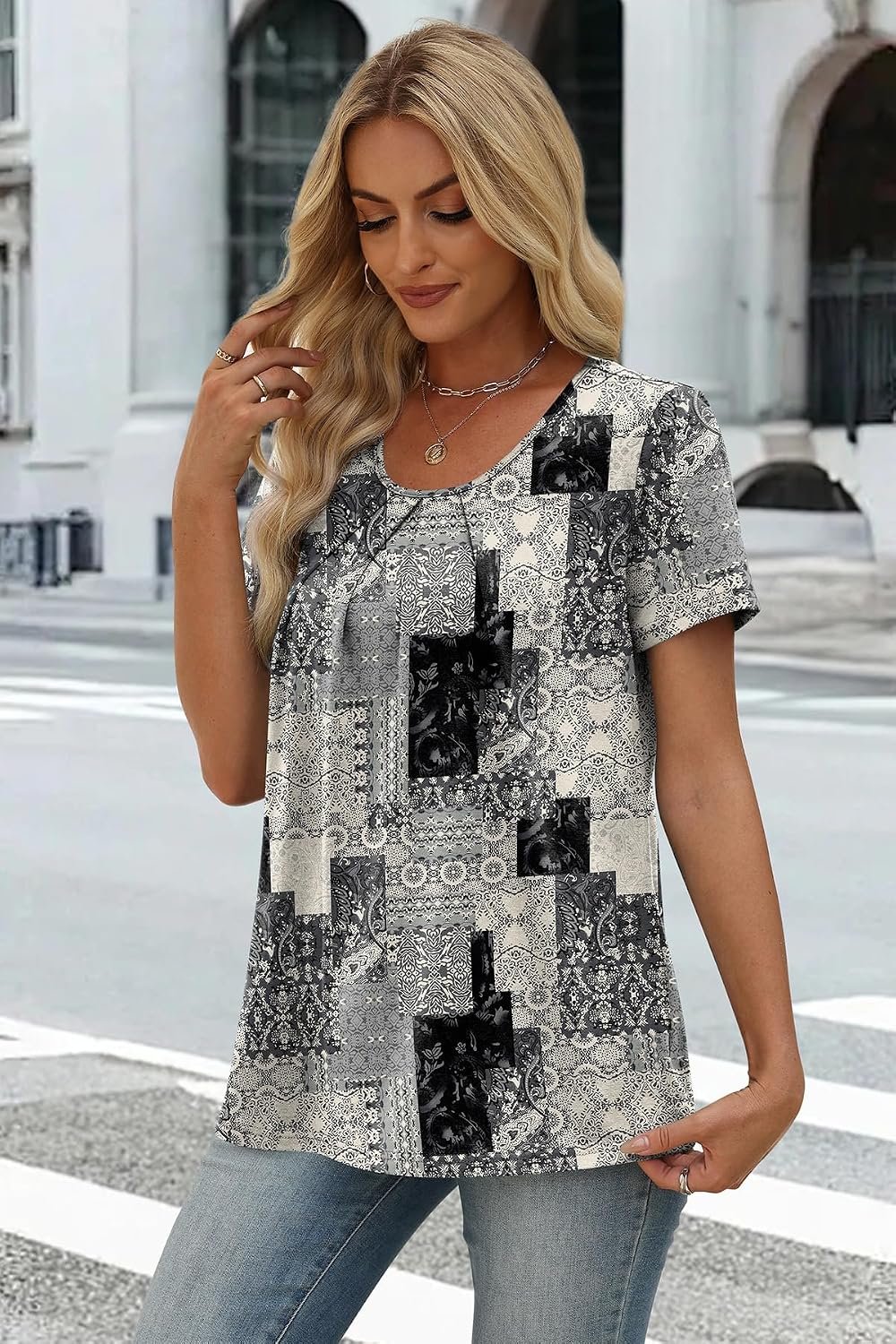  Women T Shirts Pleated Short Sleeve Tops Business Casual Blouses | Loose Fit, Dressy Casual, Trendy 2026, Flowy, Boho thumbnail