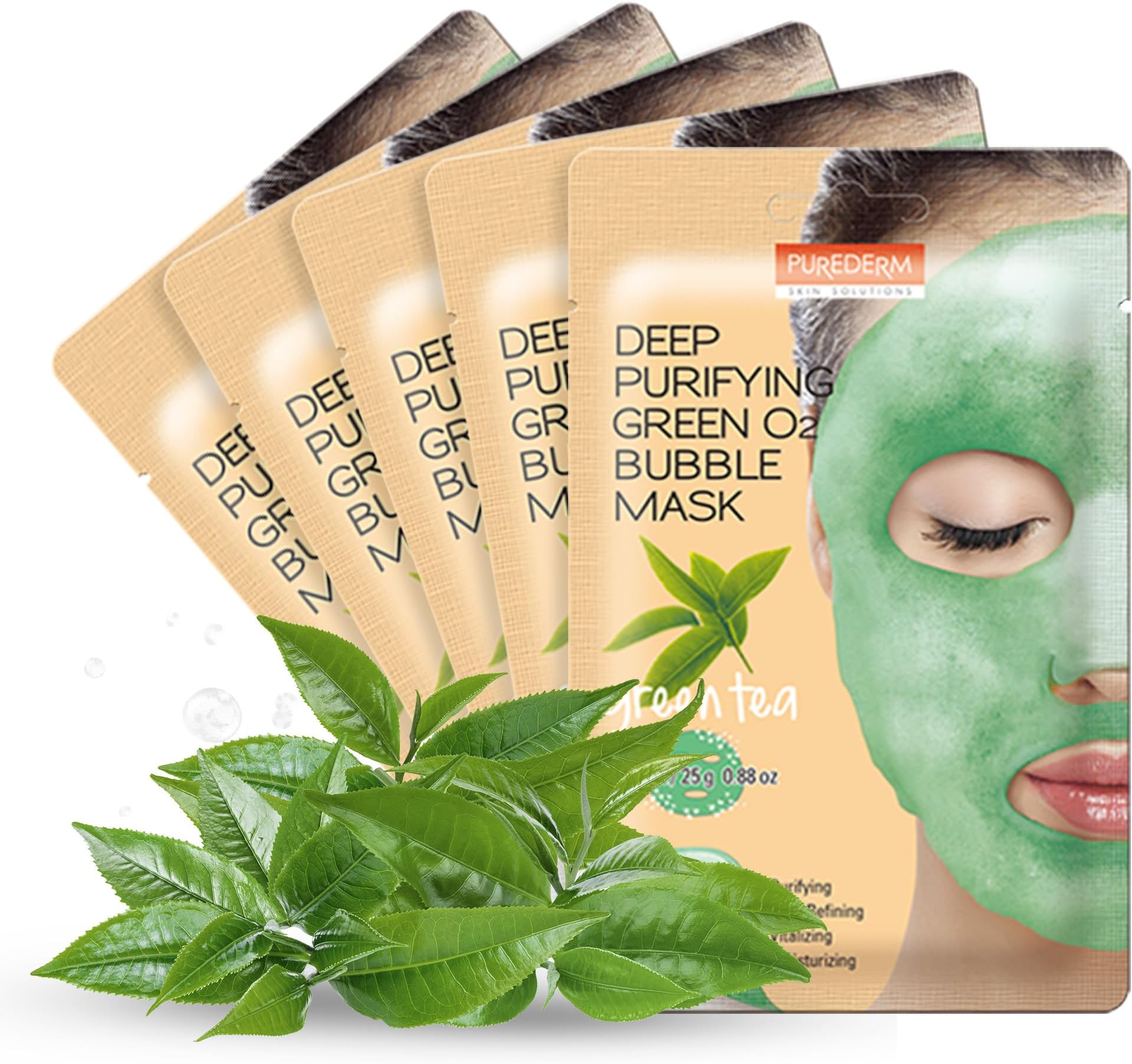 Green Tea Bubble Face Mask, Deep Cleansing for Hydration Boost and Daily Soothing, Korean Skincare for Sensitive Skin (5 Pack)