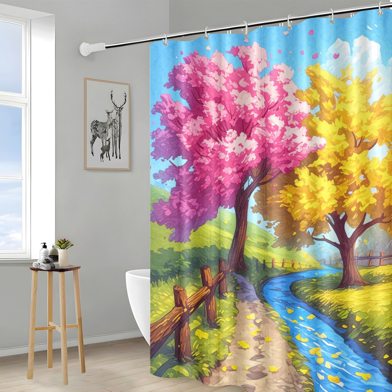 Tenda Doccia Alberi Gialli Rosa Tenda Doccia Antimuffa Impermeabile Poliestere Lavabile con 12 Ganci Facile da Installare Tende Finestra Bagno per Dormitorio Hotel(180x220cm)