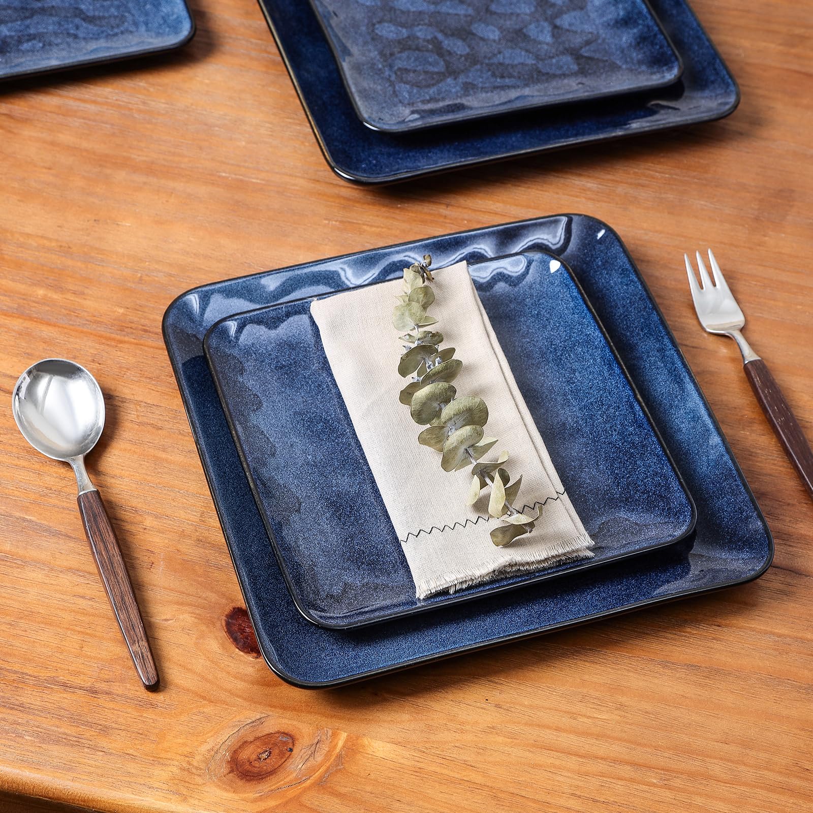 vicrays Quadratische Keramikteller, 6 Stück, große Porzellanteller, 25,4 cm, für Steak, Pasta, Pizza, mikrowellen- und spülmaschinenfest, Blau