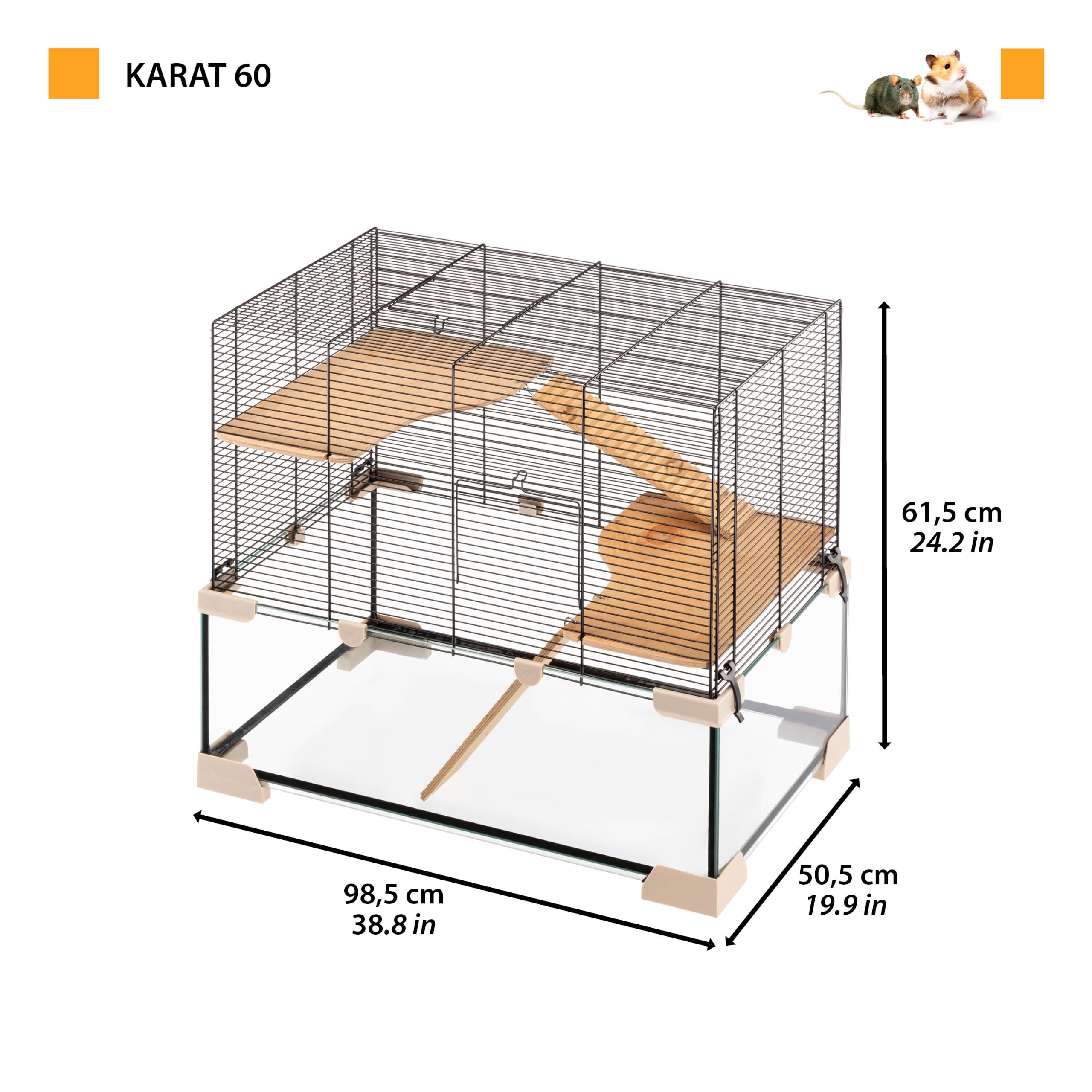 Ferplast Käfig für Hamster oder Mäuse Karat 60 Kleine Nagetiere, Zwei Ebenen mit Zubehör, aus Glas und Metallgitter