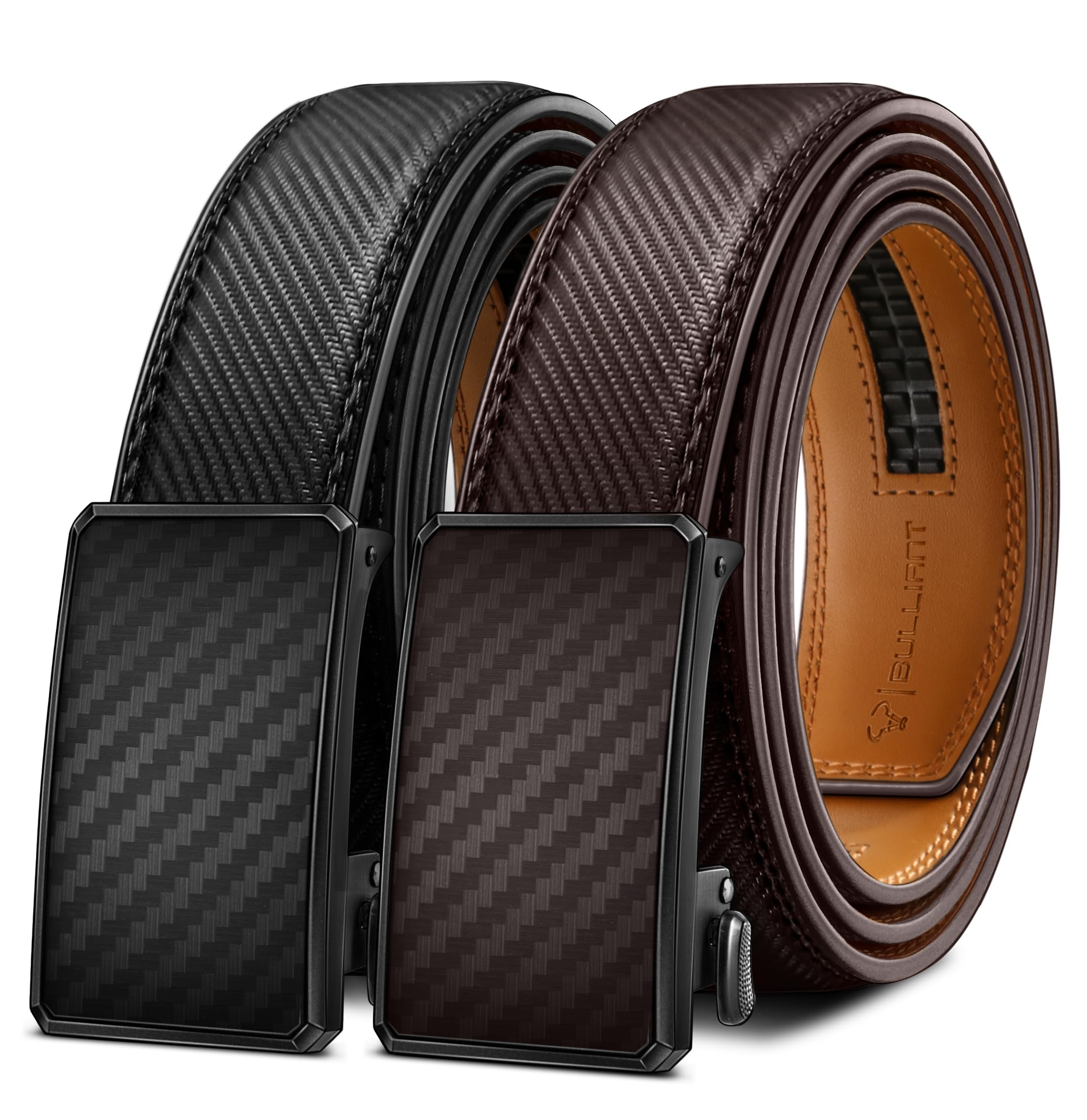 BULLIANT Gürtel Herren 2er, Gürtel Ratsche Automatikschließe Ledergürtel für Herren Verstellbar 35mm Breit mit Geschenkbox