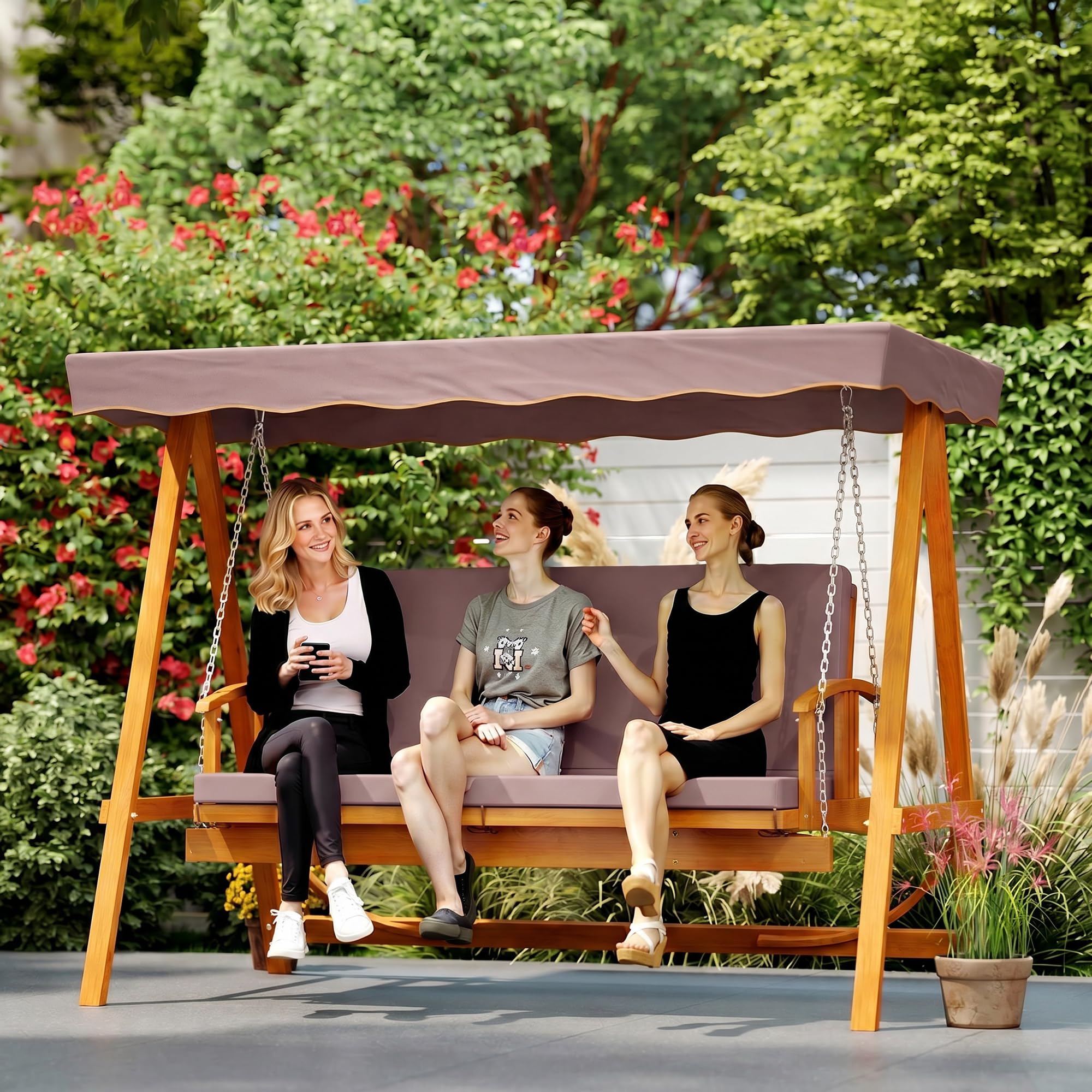 Outsunny Altalena da giardino 2 in 1 con funzione allungata, 3 posti, in legno, con tetto parasole, seduta, panca a dondolo fino a 330 kg, per giardino, terrazza, 236 x 130 x 181 cm, marrone