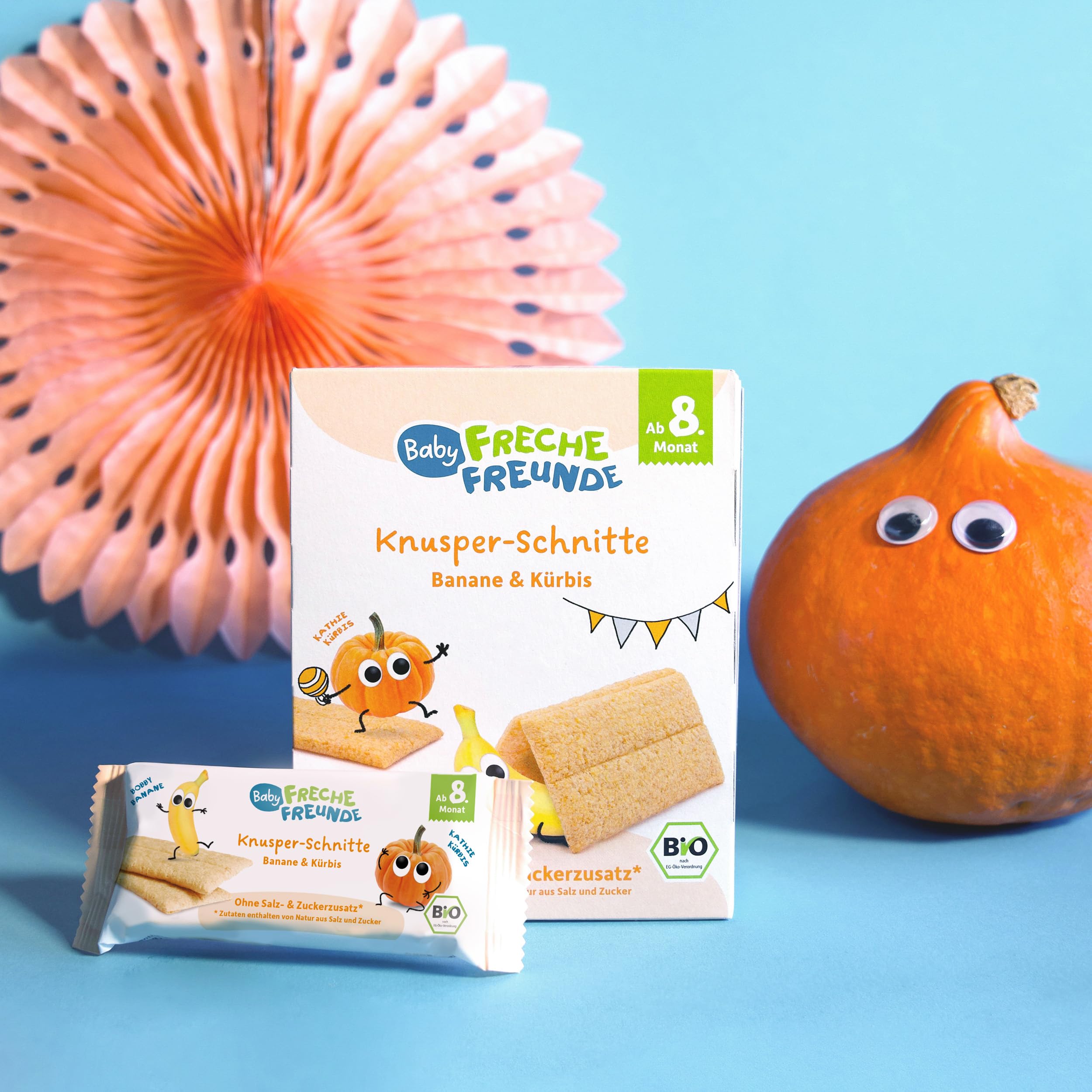 FRECHE FREUNDE Bio-Getreideschnitten mit Bio-Bananenpulver und Bio-Kürbispulver, Knusper-schnitte Banane und Kürbis, ohne Zuckerzusatz, 6er Pack (6x84g)