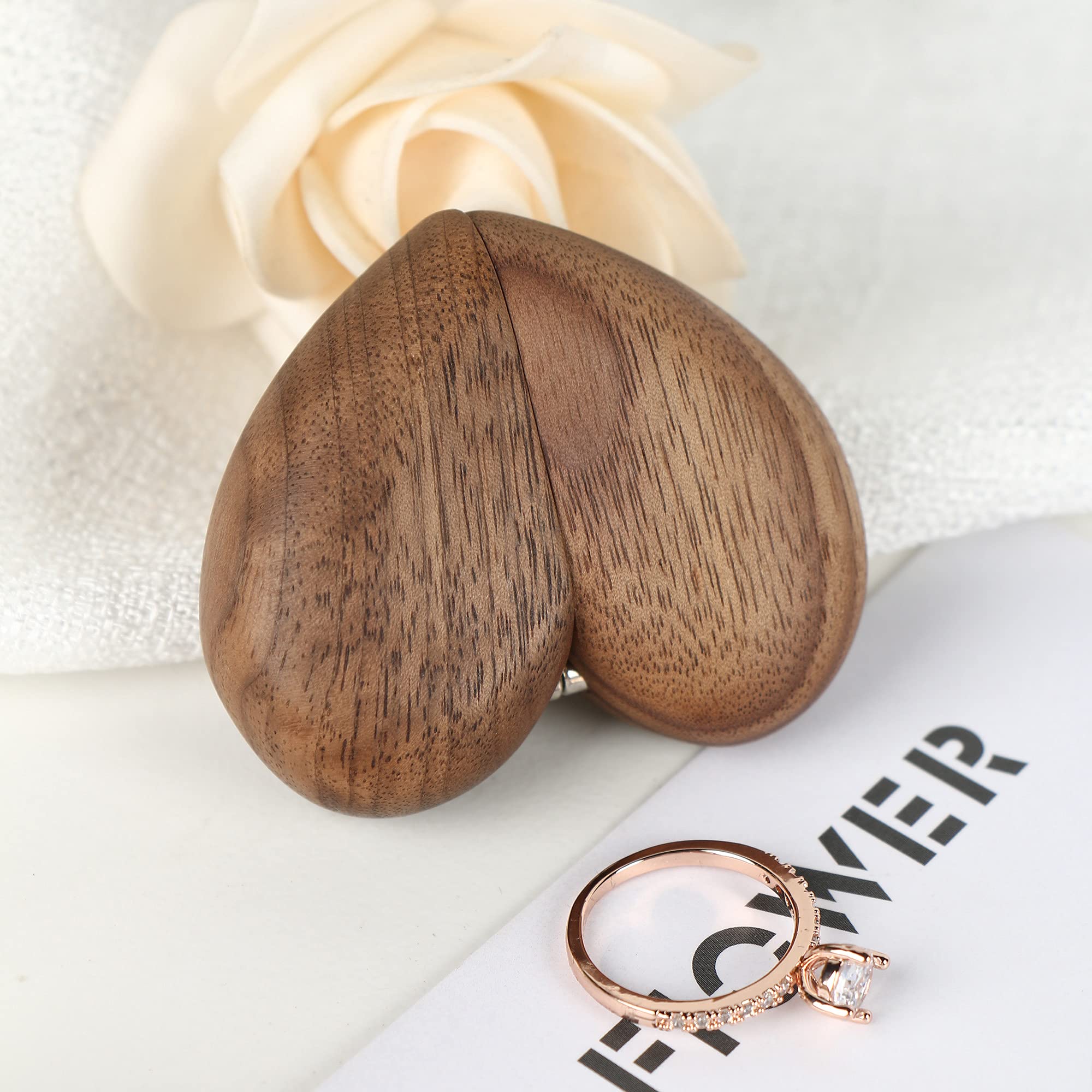 Scatola per anelli in legno a forma di cuore per matrimonio, proposta, scatola per anelli di fidanzamento, custodia per anelli in legno regalo (cuore brillante ♥ noce nero)
