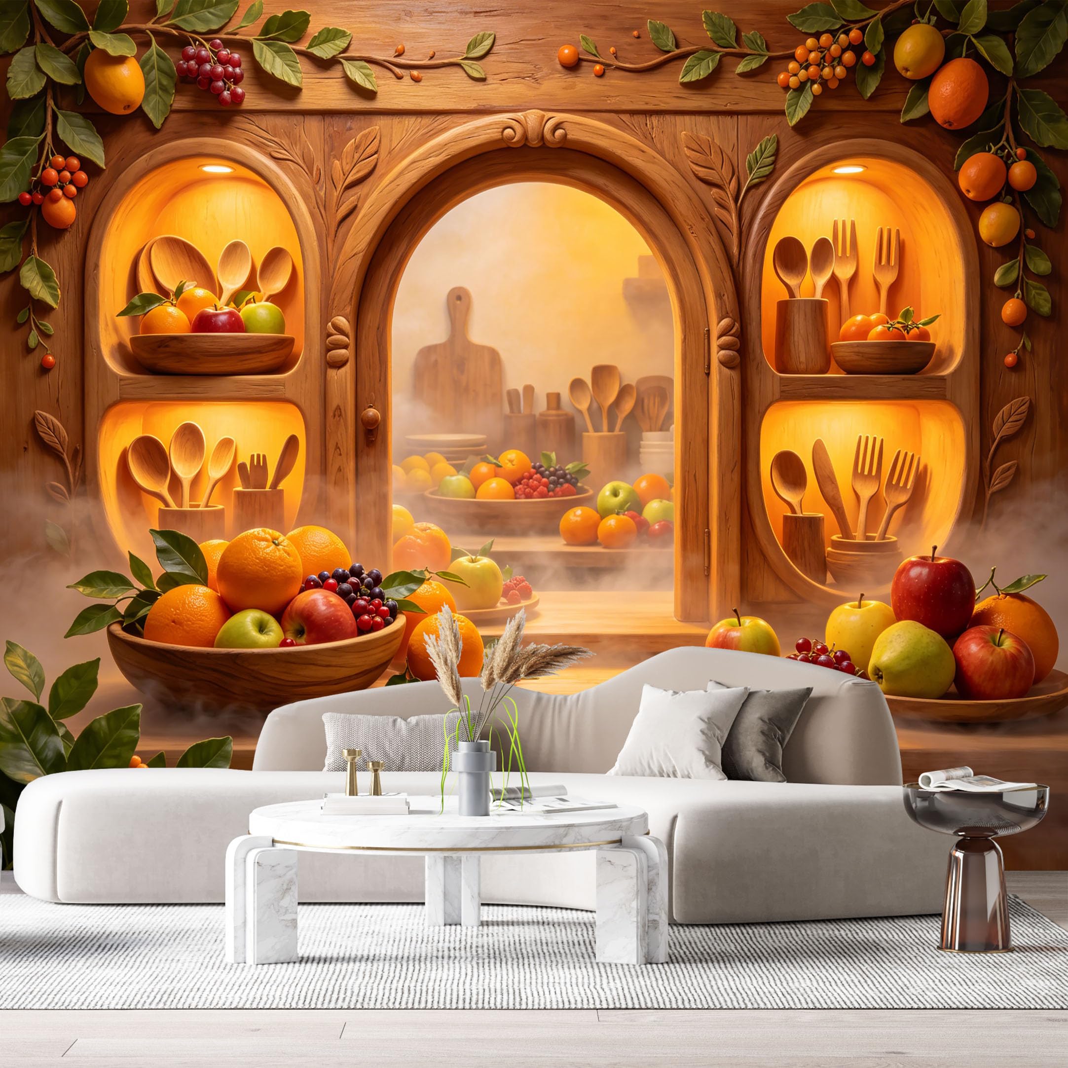 Custom Size Wall Murals Rustic Kitchen Farmhouse Oil Painting Fruit 3D Trompe L'Oeil SelfAdhesiveWall Fabric Removable Wallpaper Wall Decor for Living Room Bedroom Bathroom