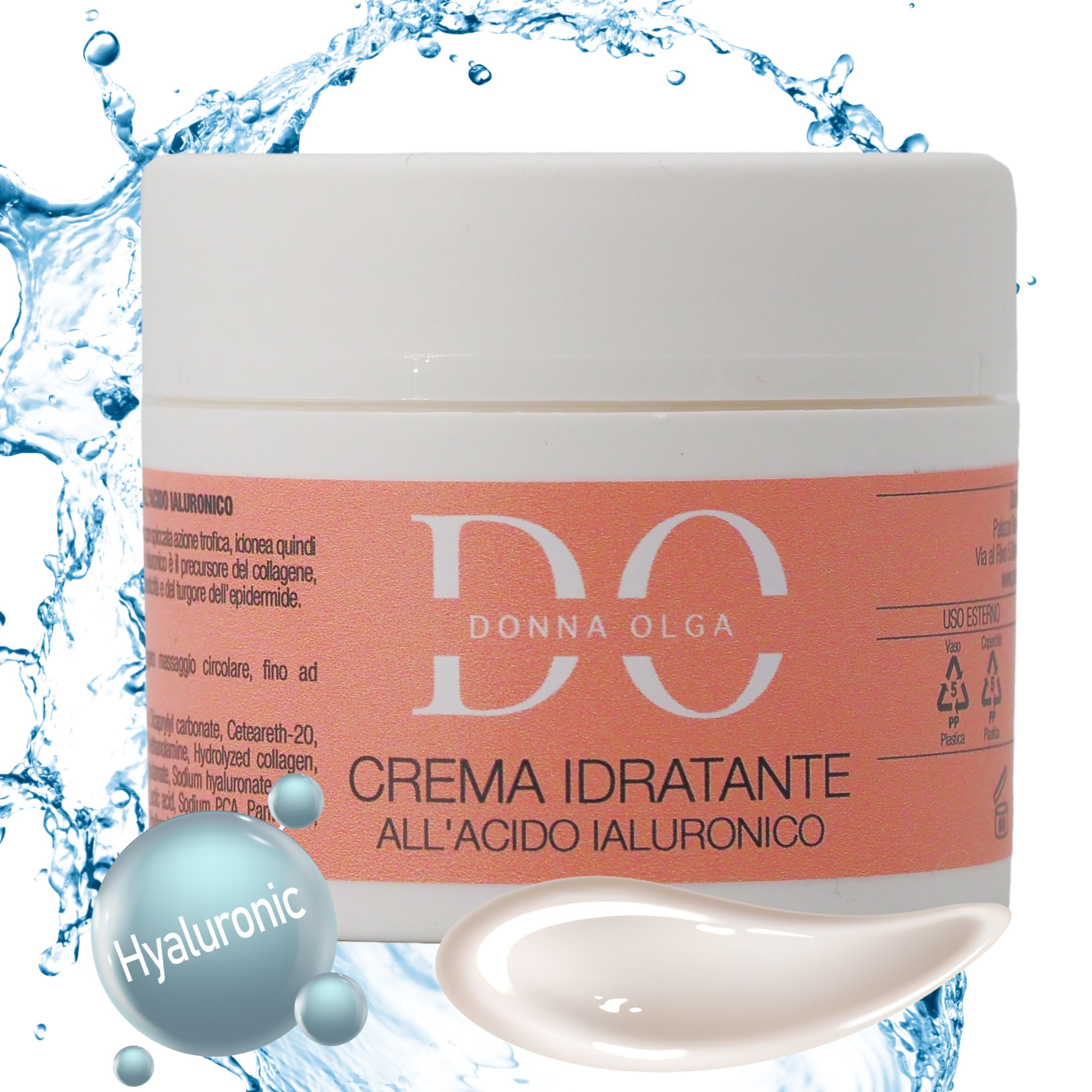 Donna Olga Crema Viso Acido Ialuronico Puro 50 Ml | Crema Idratante Viso Anallergica, Antirughe con Acido Ialuronico Viso | Crema Anti Rughe Uomo e Donna