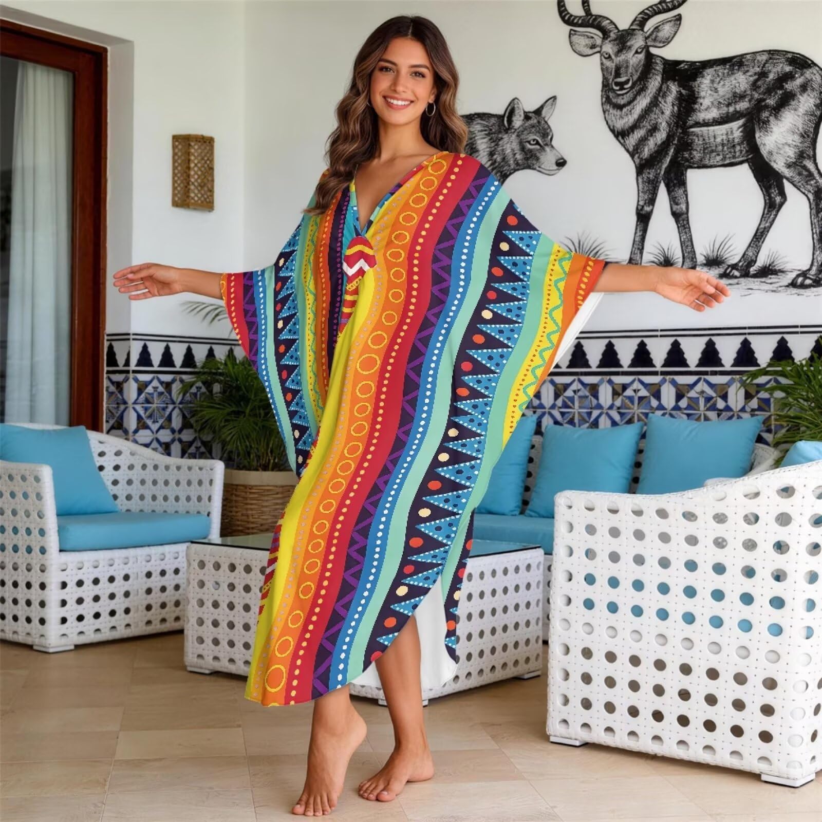 Kaftano da donna, taglie forti, copricostume estivo con maniche a pipistrello, scollo a V, maxi abito da spiaggia