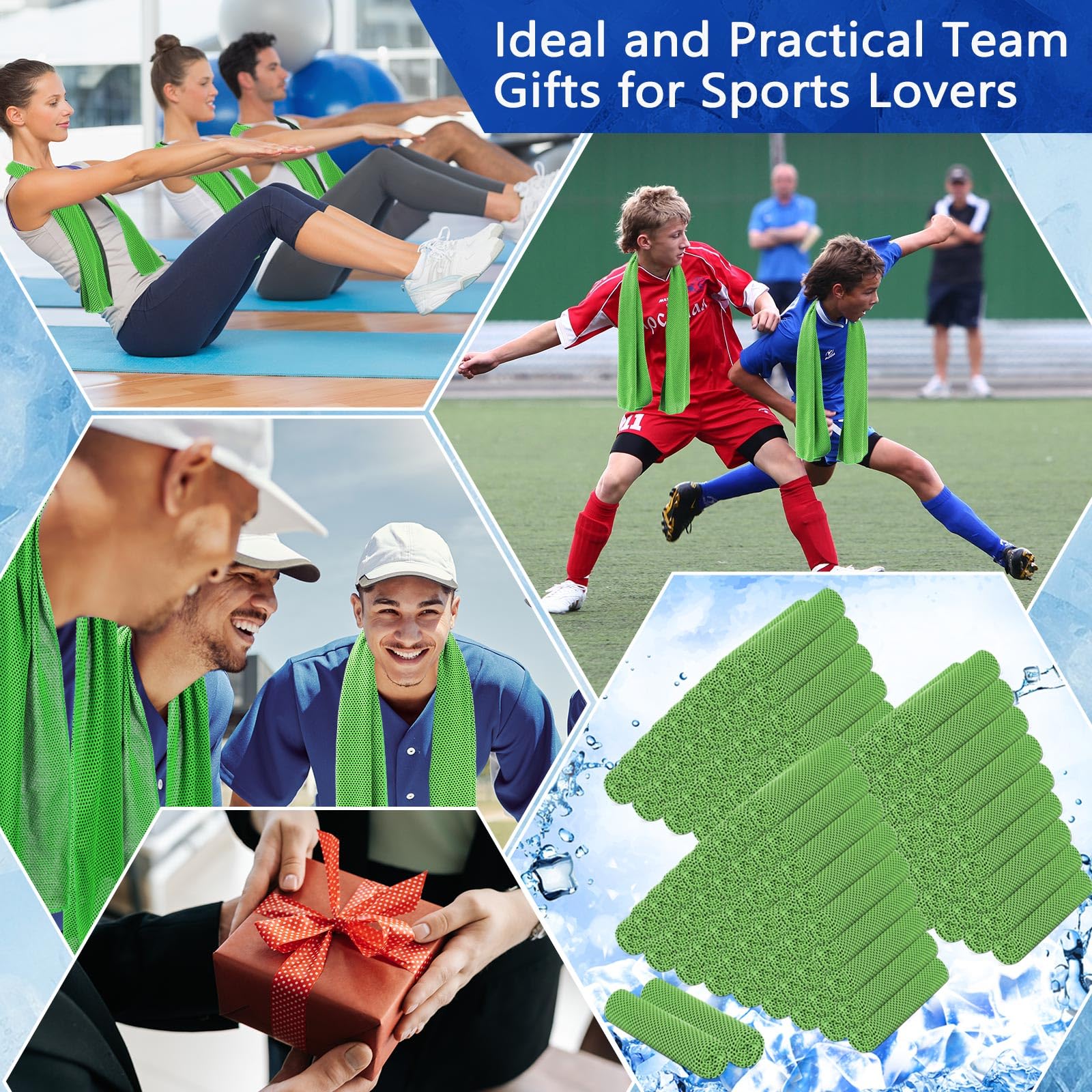Pack 100 Toallas Refrescantes 40"x12" Microfibra Cooling Towel Deportiva, Efecto Frío Instantáneo, Reutilizable, Transpirable, para Equipos Eventos Gym Deporte Bright Green