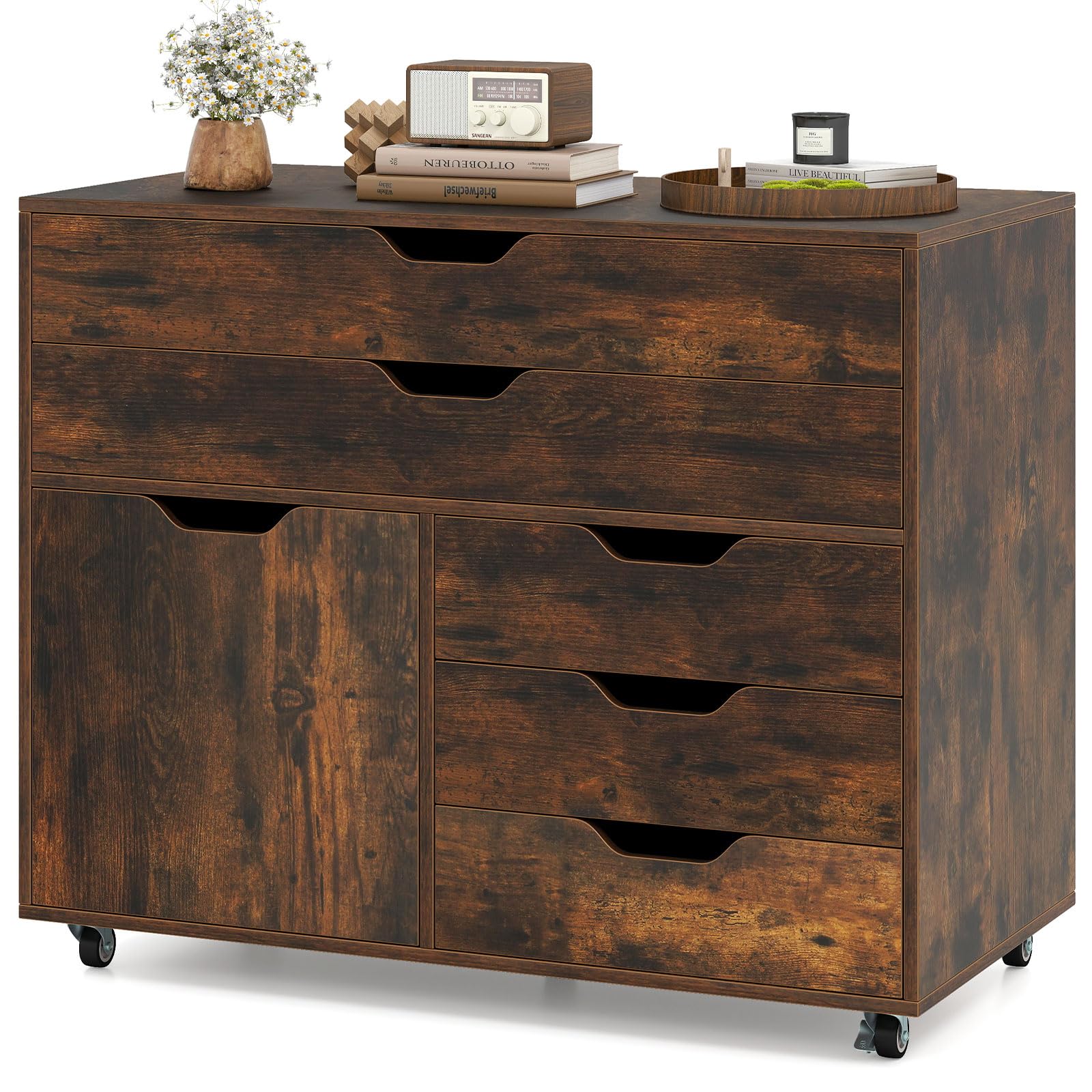 Giantex File Cabinet, Rolling Lateral Filing Cabinet with Wheels, 5 Drawers, Load 220 Lbs, Office Craft Storage Organization, Mobile Storage Organizer, Printer Stand for Home Office (Rustic Brown)