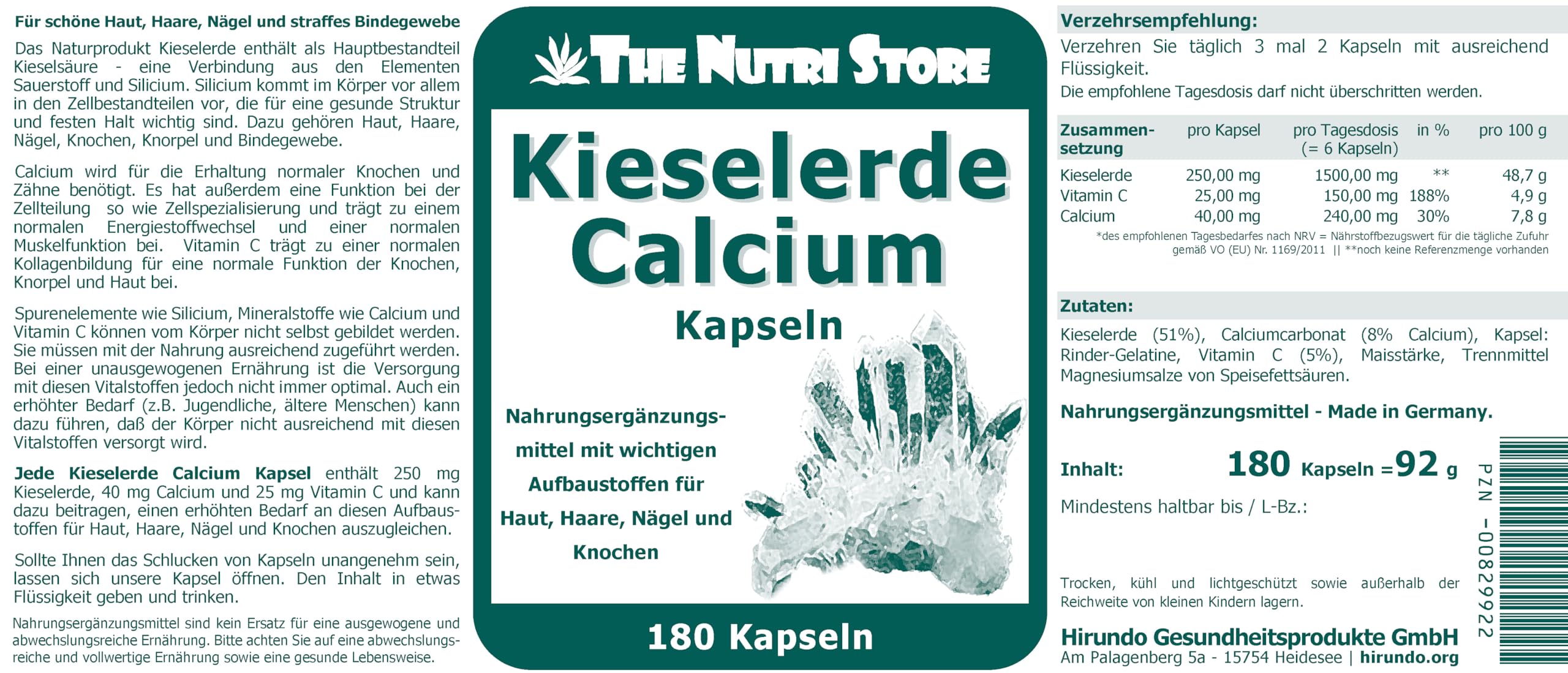 Kieselerde Calcium Kapseln 180 Stk. - Nahrungsergänzungsmittel mit wichtigen Aufbaustoffen für Haut, Haare, Nägel und Knochen
