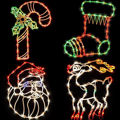 Luces de Navidad  Paquete de 4 luces LED de silueta de ventana de 16 pulgadas, incluye bastón de caramelo, calcetín de Papá Noel, reno, decoración