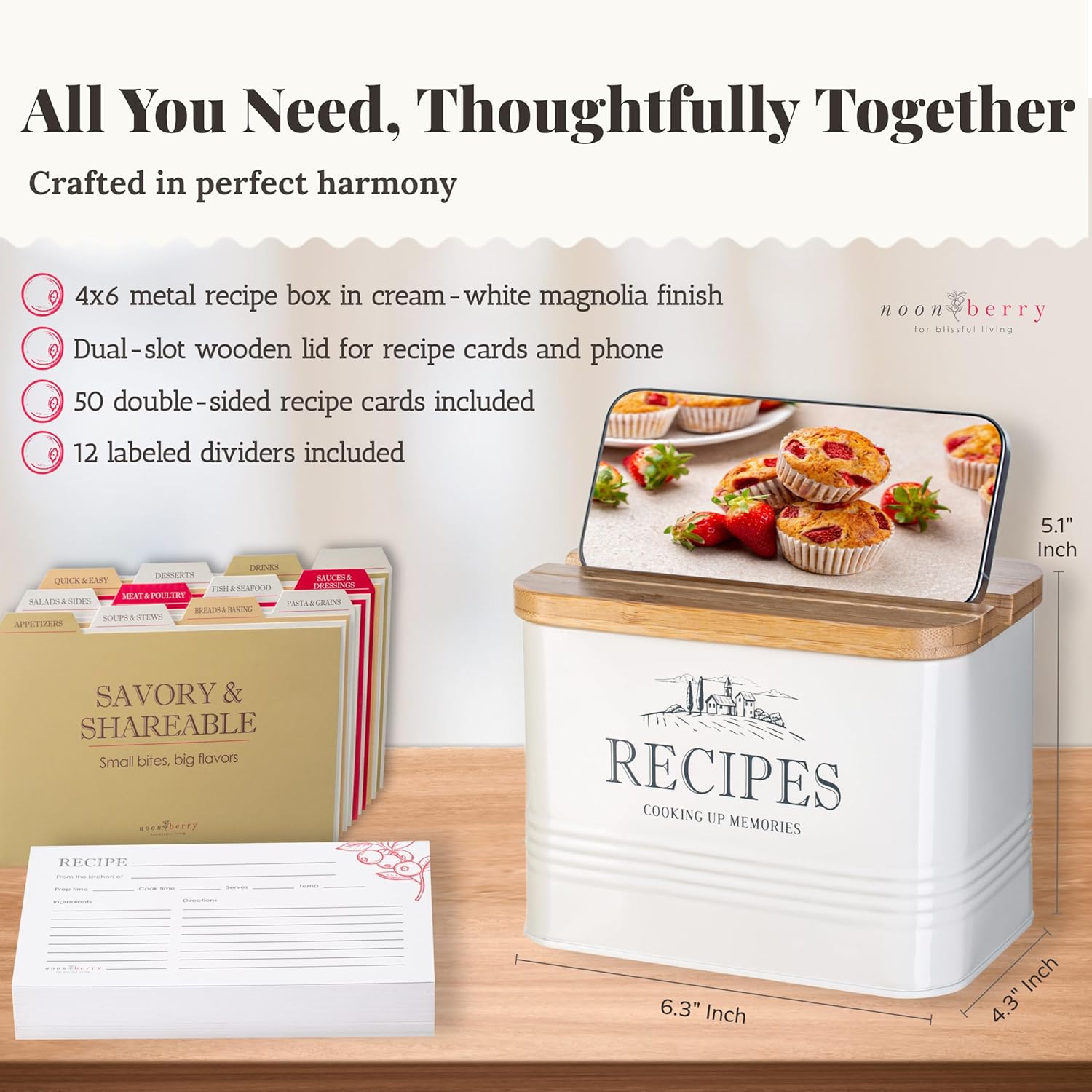 noonberry 4x6 Recipe Card Box Set – Vintage Recipe Box with Wooden Lid & Phone Slot – Includes 50 Recipe Cards and 12 Dividers – Metal Organizer – Gift-Ready Recipe Tin – Cream-White Magnolia Finish