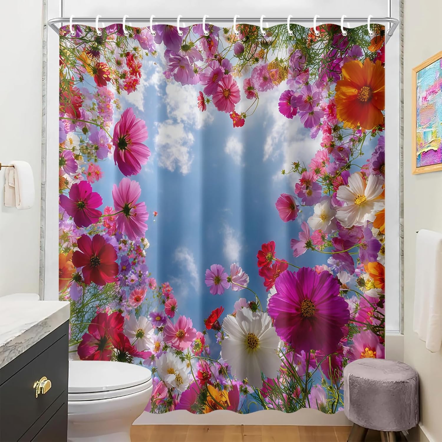 Floral Sky Shower Curtain 72x72 Inch with Hooks Colorful Cosmos Flower Field Looking Up at Blue Sky Design Fabric Bathroom Decor for Cottagecore Garden Boho Lovers Bathtub