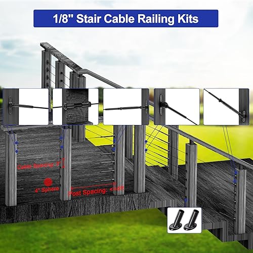 Vista 3 de BLIKA Juego de 20 pares de barandillas de cable negro de 1/8 pulgadas, accesorios de hebilla de palanca de cambio, kit de barandillas de cable