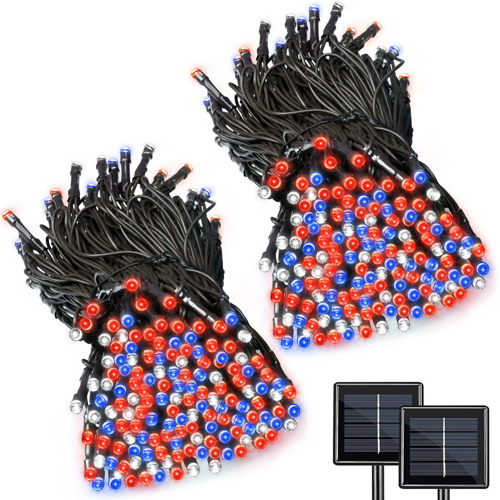Lalapao2 Pack Solar String Lights 85FT 240LED 8 Modes Red White and Blue Outdoor Lighting Waterproof Starry Fairy Lights for Christmas Party Independence Day, Memorial Day, July 4th Decorations
