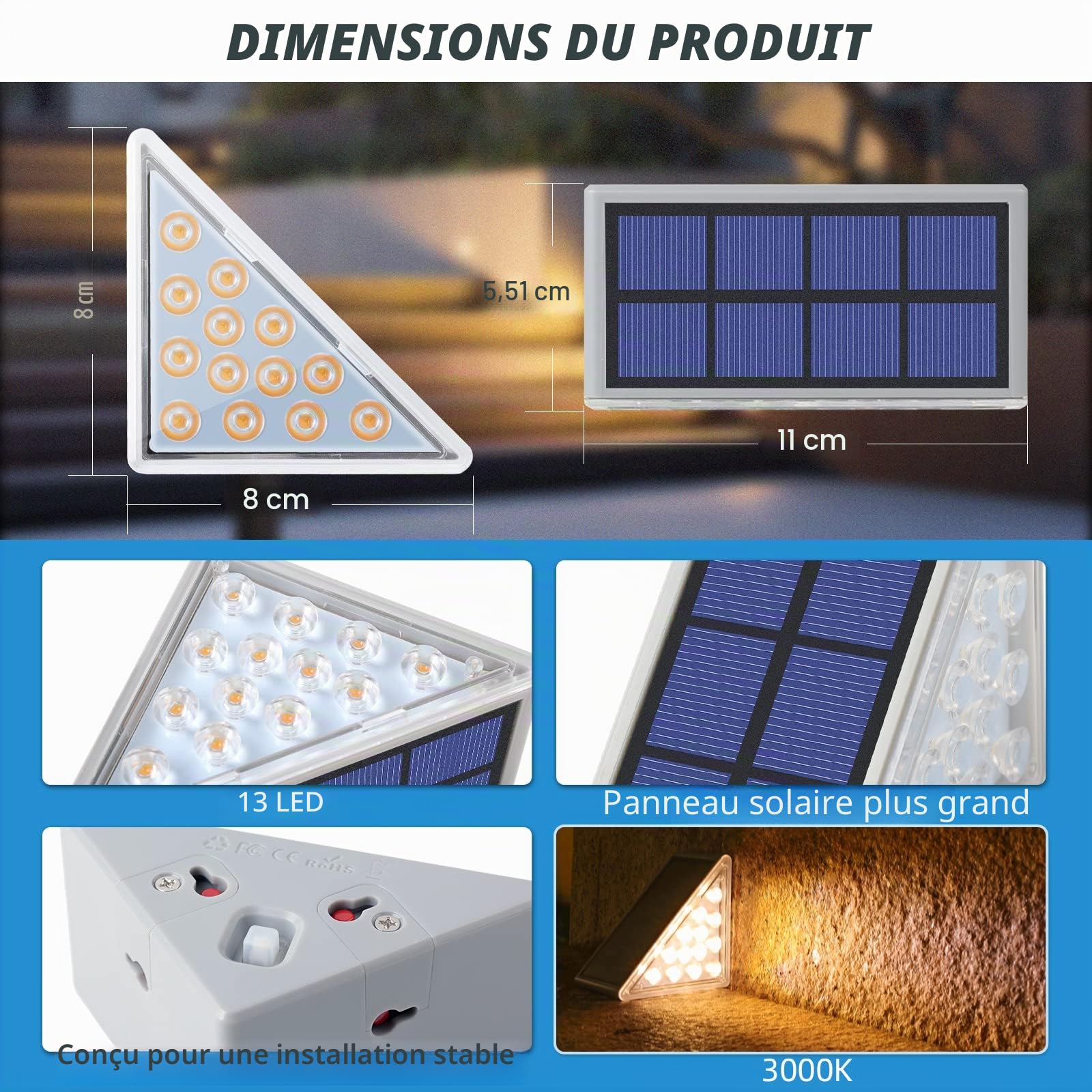 NIORSUN Lampe Solaire Exterieur, Lot de 12 Eclairage Escalier Exterieur IP69 Étanche, Marche/Arrêt Automatique Blanc Chaud LED Lampe Solaire pour Jardin, Chemin, Escalier, Patios, Sol
