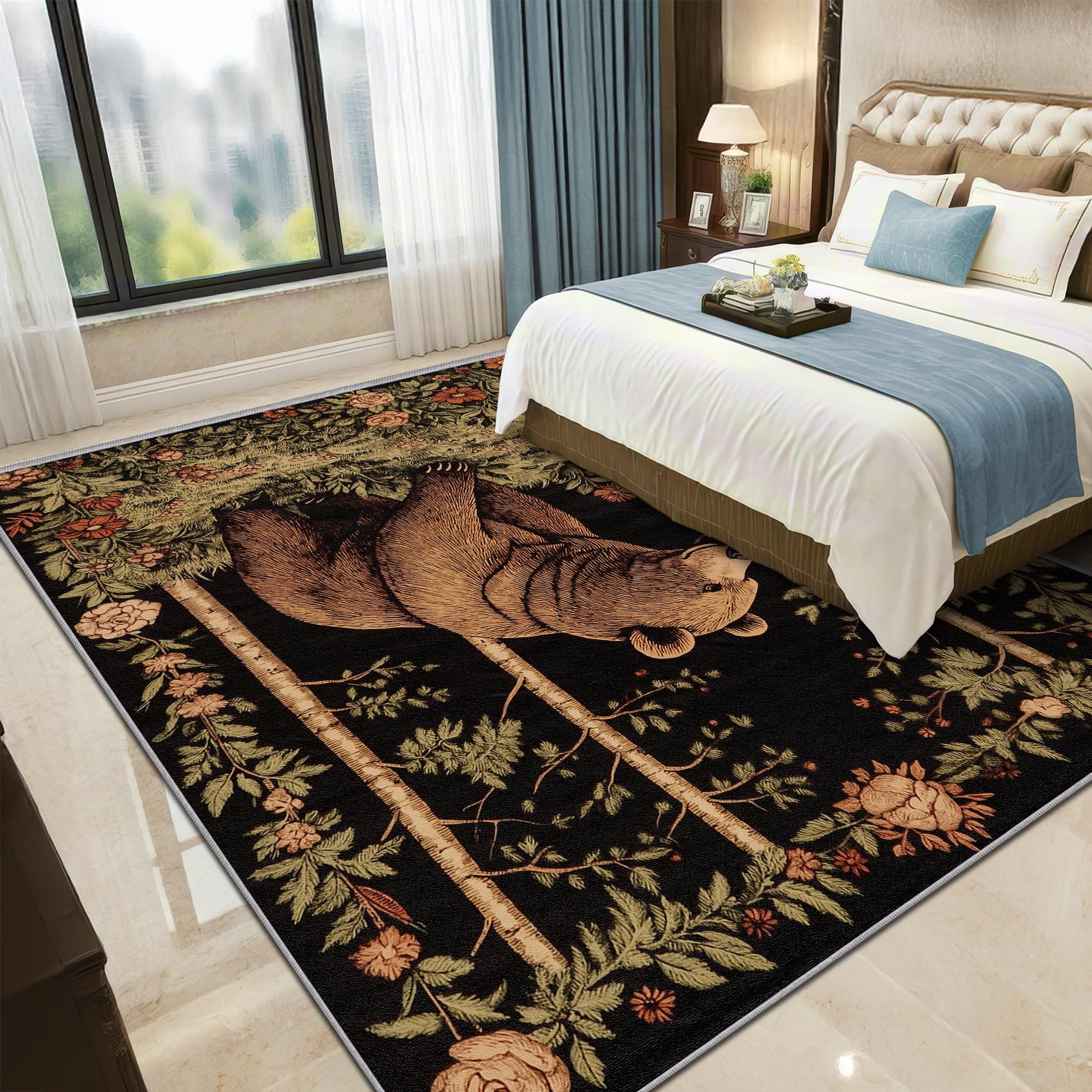 Bär Teppich 200x200 cm, Waldtiere Floral Waschbarer Teppiche Wohnzimmer, Rustikal Tierwelt rutschfest Antirutsch Groß Teppiche Für Esszimmer, Quadratisch, Braun