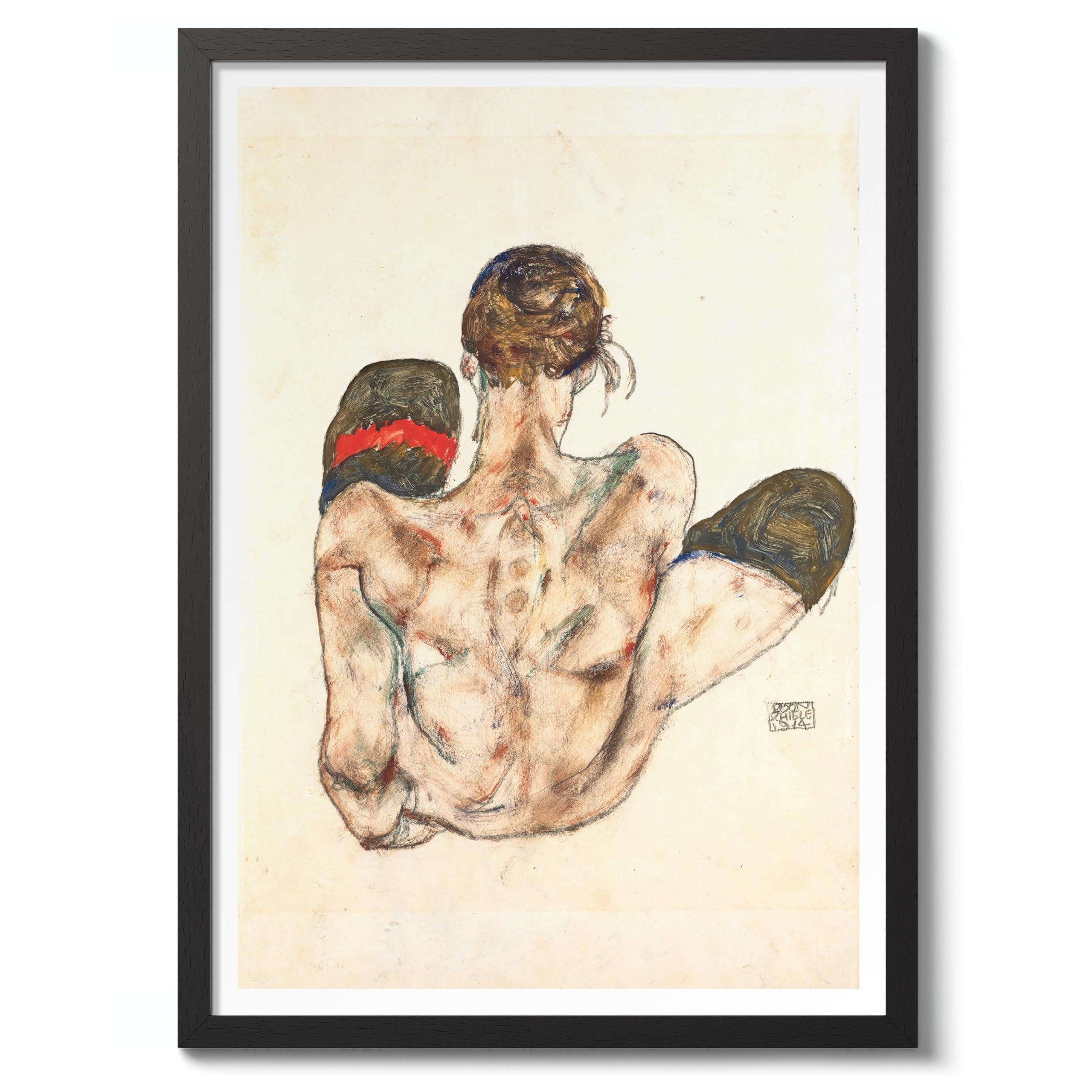 Sitting Female Nude With Red Garter Egon Schiele Print, Modern Art Exhibition Poster, Modern Minimalist Sketch, Home Decor Picture, Archival Matte, A4 (Black Frame) - 29.7x21cm