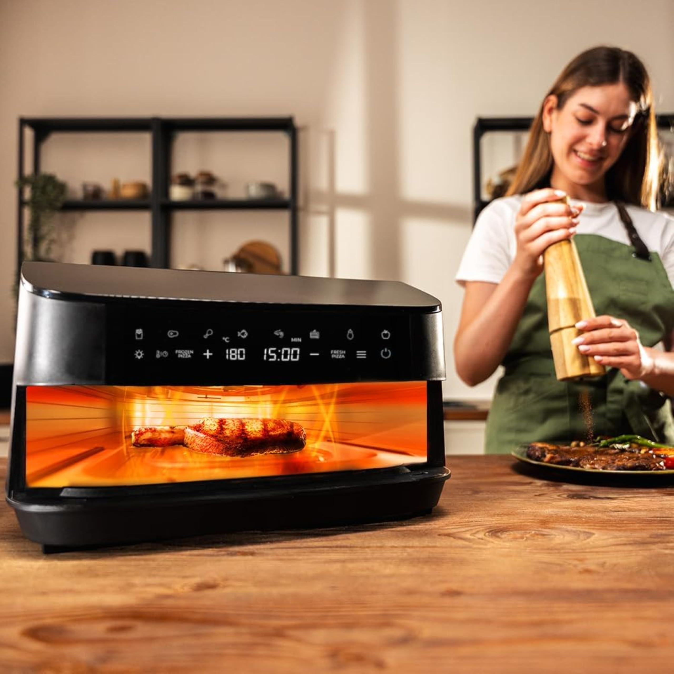 Cecotec Horno Eléctrico para Pizza de 7L Pizza&Fry 7000. 2200W, Pizzas de 13 Pulgadas, Pantalla Táctil, 8 Programas, Temperatura Ajustable 40-230ºC, Piedra para Pizza, Resistencia Superior e Inferior