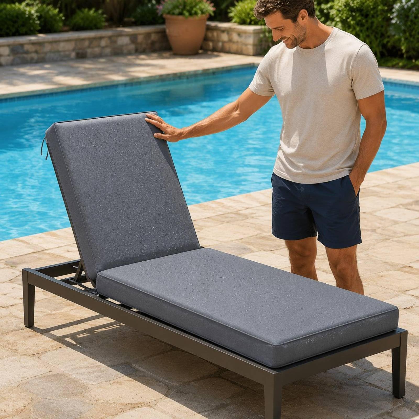 Cuscino Lettino Prendisole Esterno Poltrona Imbottita Schienale Pieghevole Impermeabile in Tessuto Oxford E Spugna Adatto per Giardino Balcone Piscina Relax Esterno, Nero, 183 54 8cm