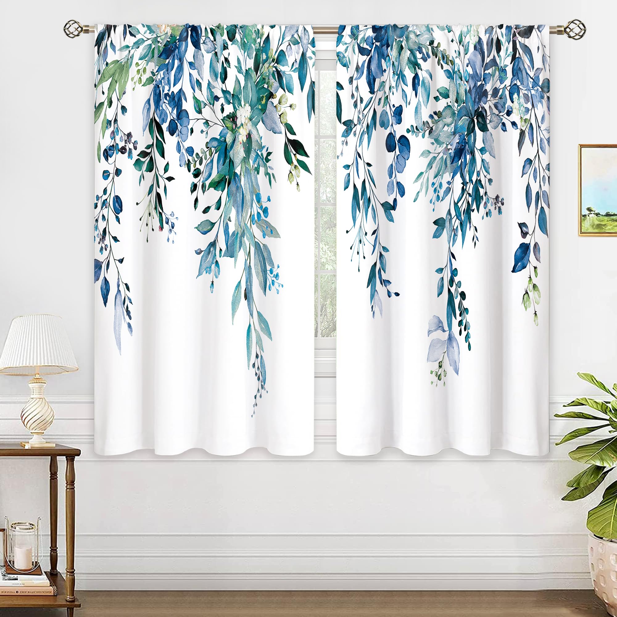 oolygoo Teal Eucalyptus Botanical Leaves Floral Window Curtains Blue Watercolor Turquoise Flower Plant Wildflower Farmhouse Curtain Drapes Herb Curtains for Bedroom Living Room Treatment 29Wx63H Inch — image 1
