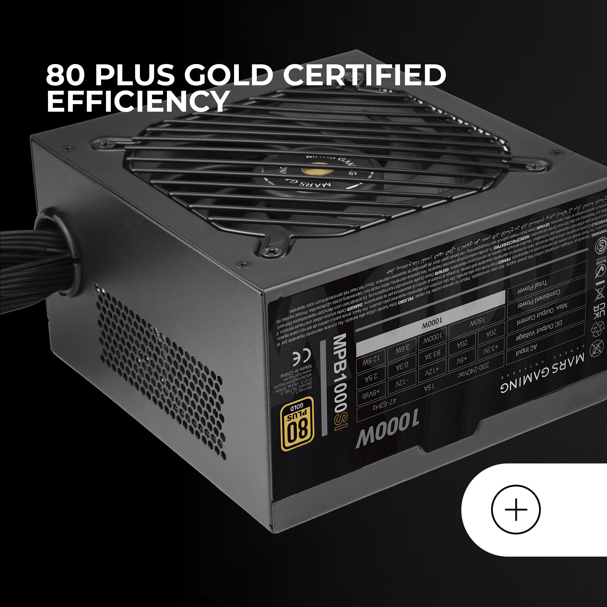 Mars Gaming MPB1000SI, Fuente Alimentación PC ATX 1000W, 7 Años de Garantía, 80Plus Gold 90%, Ventilador SI Extreme Silence con Núcleo de Cobre y Aluminio, Tecnologías AI2-RPM, DC-DC y SMD, Negro