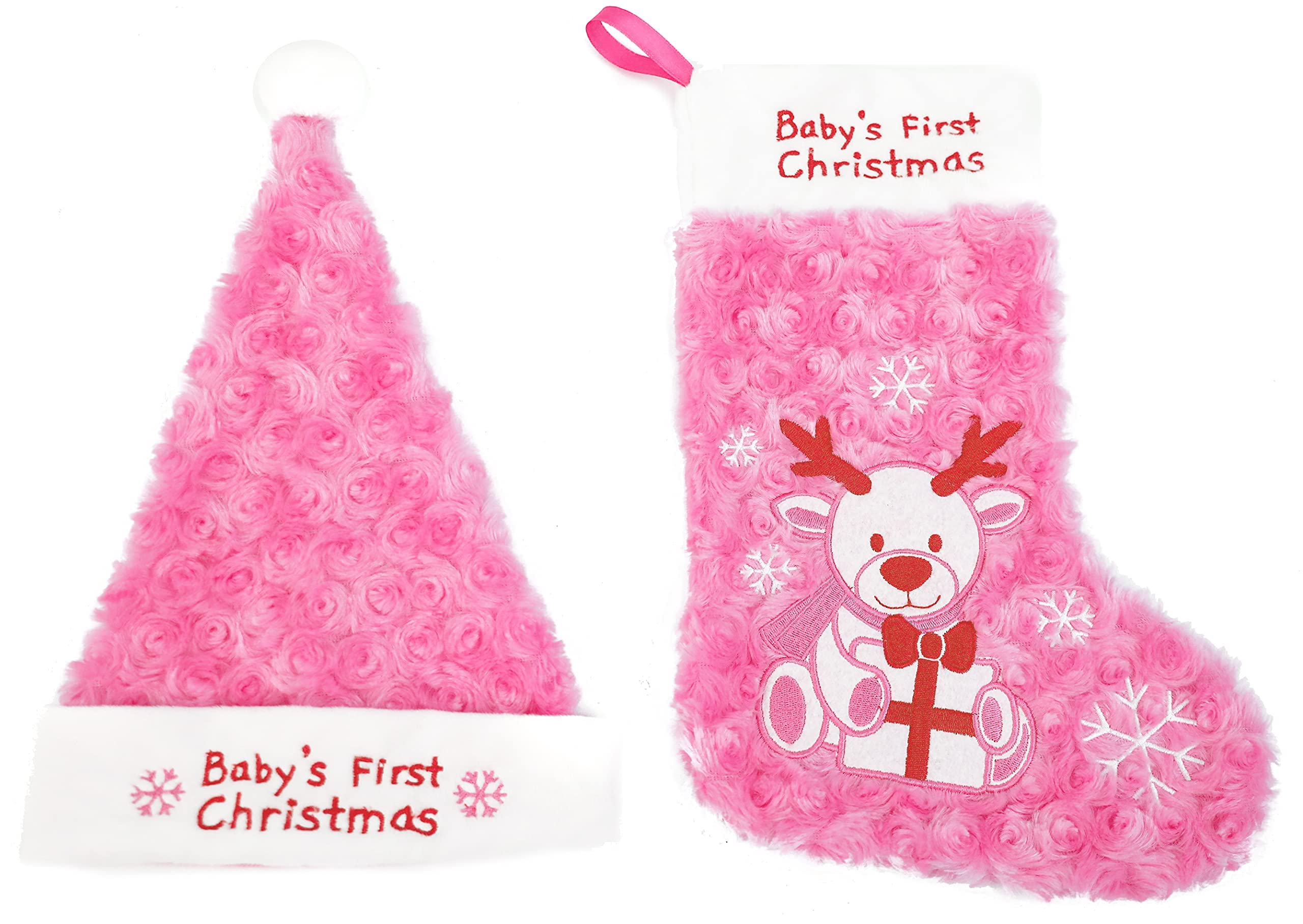 PLUSHIBLE BRIDGING MILES WITH SMILES Baby's First Christmas Stocking - Stockings for Baby Boy and Girl - Babies 1st Christmas Stocking & Matching Santa Hat Set - Embroidered - Pink, One Size