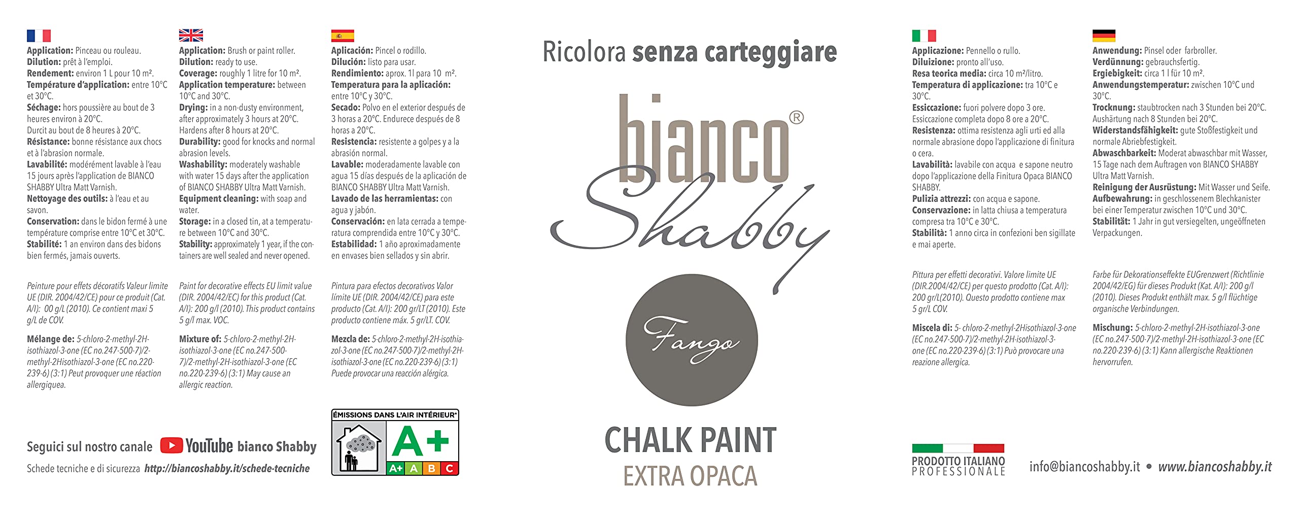 bianco Shabby® Chalk Paint Fango Farba kredowa do mebli i ścian, efekt vintage, shabby chic, ekstra matowa (2,5 Litra)